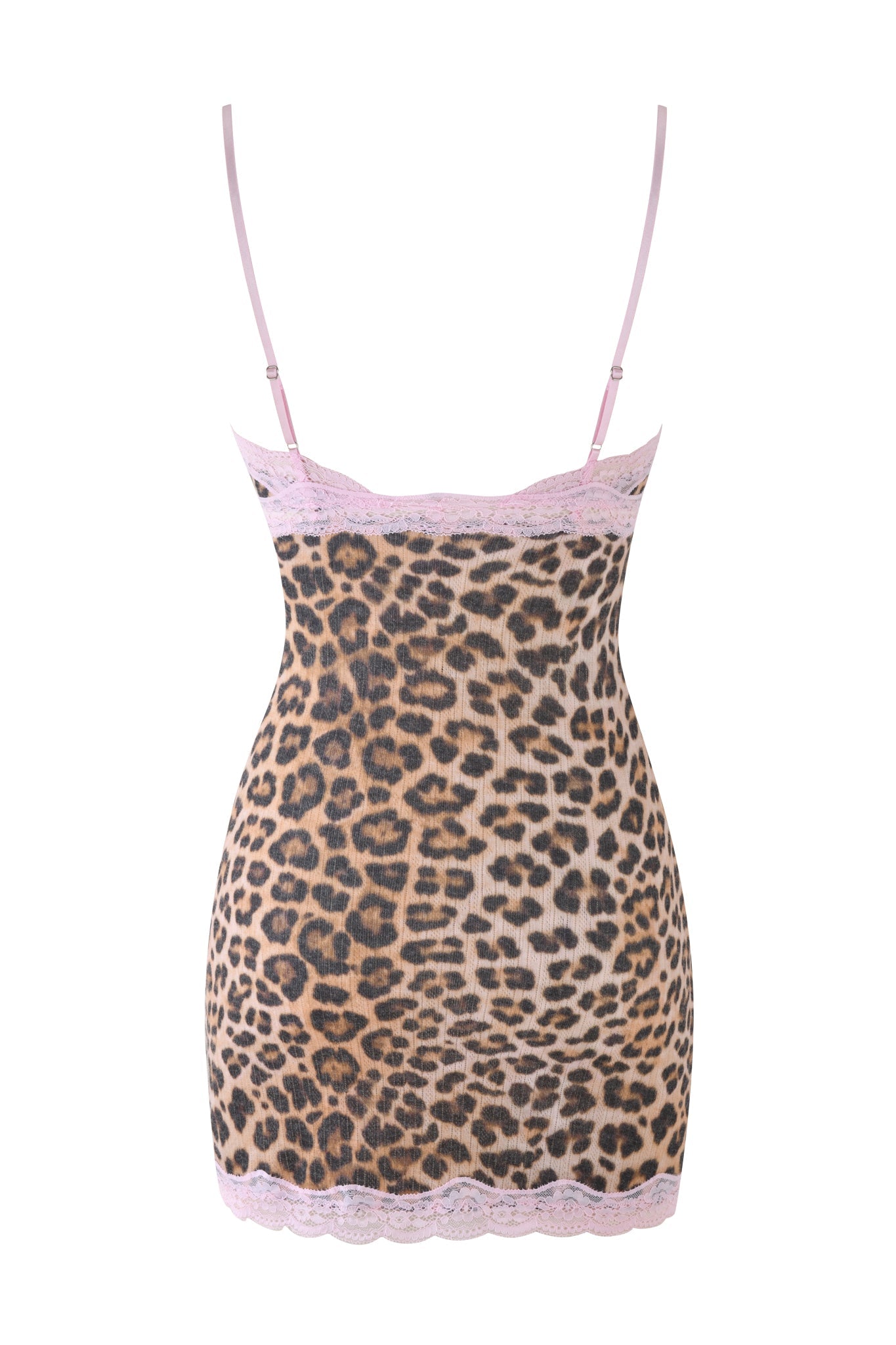 The CASSIA SLIP DRESS by I.AM.GIA is a leopard print bodycon dress in beige, featuring pink lace trim on the neckline and hem, thin straps, and a sleek silhouette.
