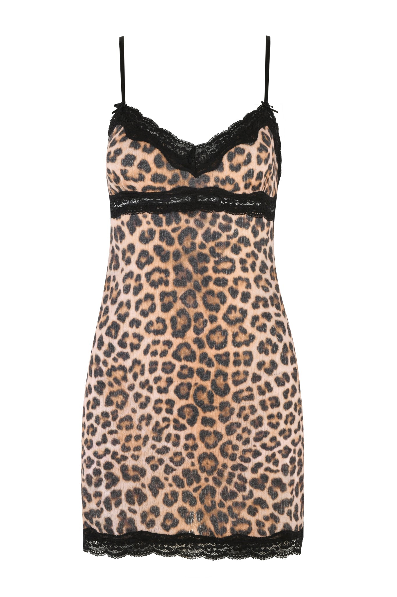 The CASSIA SLIP DRESS - NEUTRAL : LEOPARD by I.AM.GIA features thin black spaghetti straps and black lace trim at the neckline and hem, making it perfect for adding a touch of daring elegance.