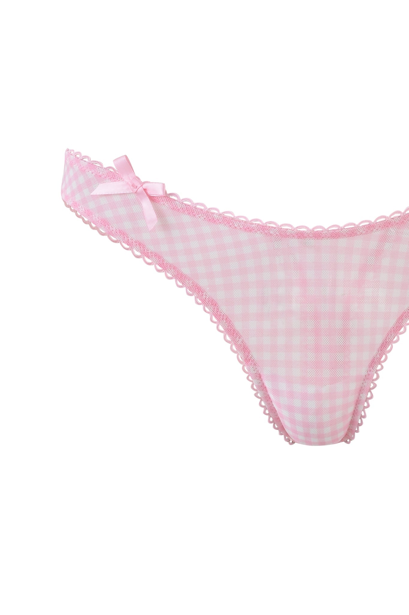 The AMANDA SET - PINK by I.AM.GIA offers vintage pink gingham panties with scalloped lace trim and a bow on the waistband, featuring a classic checkered pattern perfect for everyday wear.