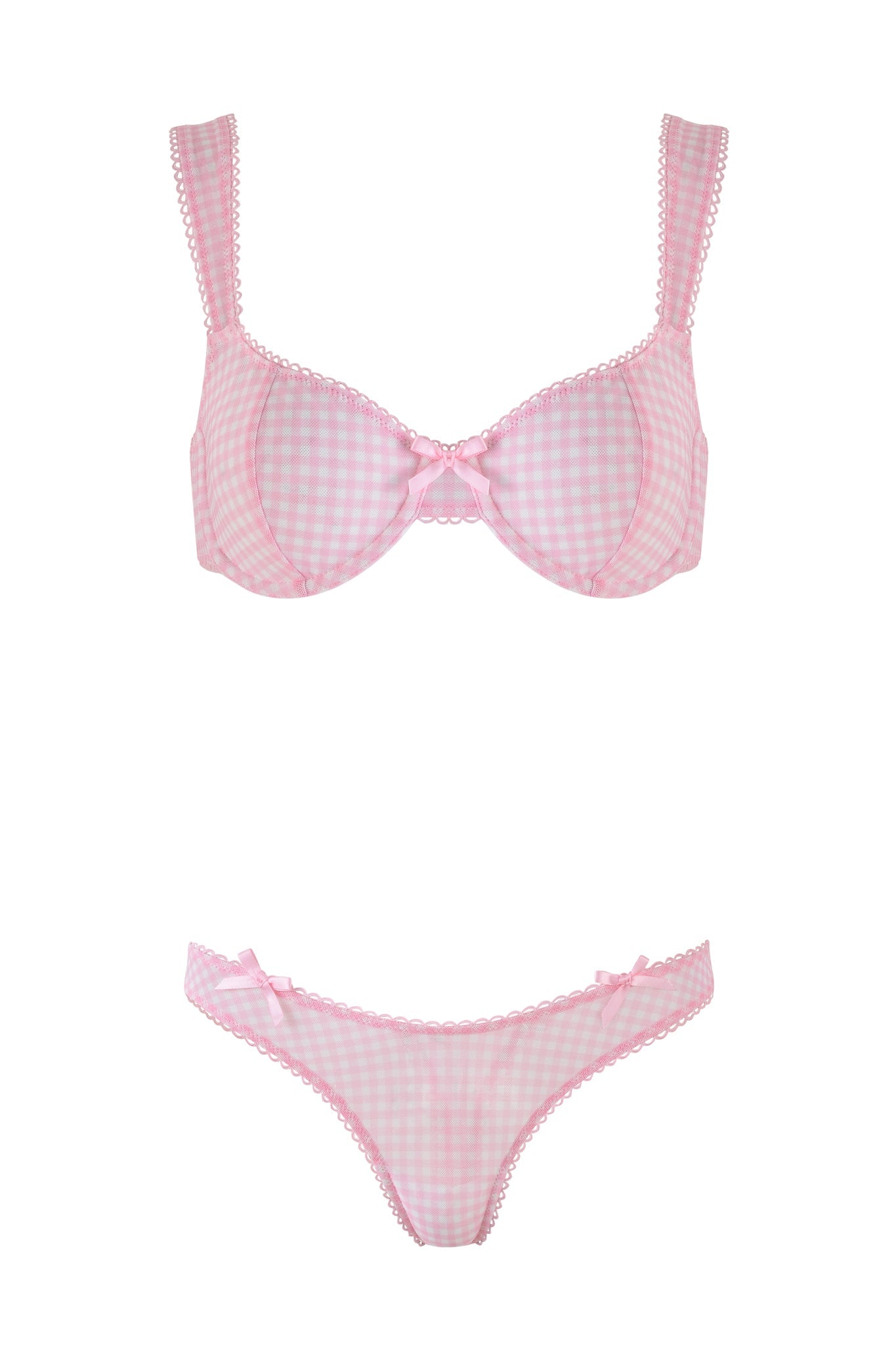 Discover the AMANDA SET - PINK from I.AM.GIA, featuring a vintage-inspired pink gingham underwired bra and bikini-style bottoms. Accented with a bow and scalloped edging, it's perfect for adding retro flair to your everyday wear.