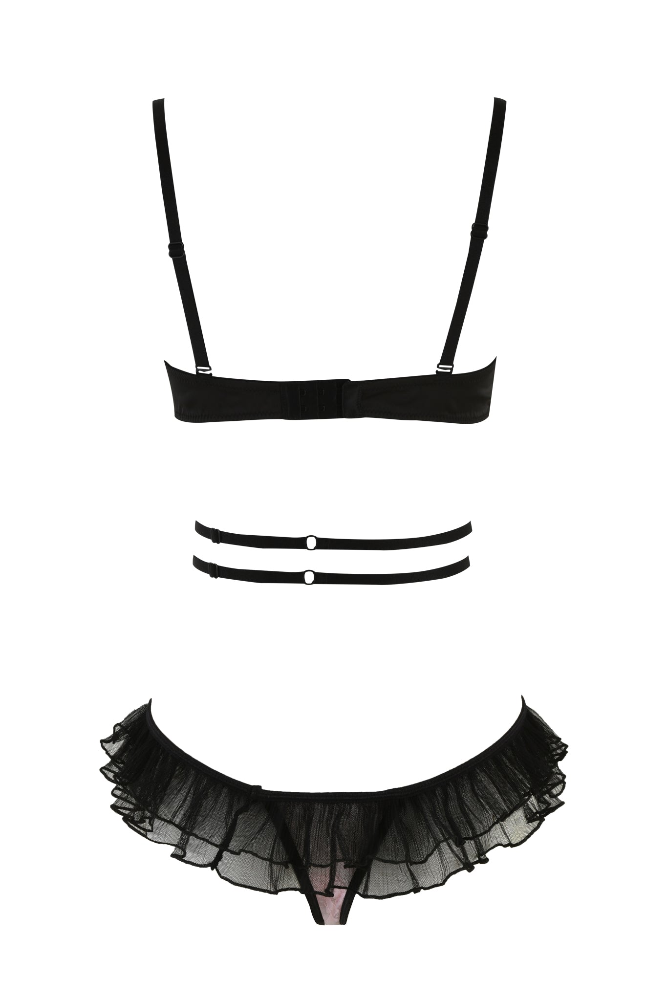The MARILYN BODYSUIT by I.AM.GIA is showcased, highlighting a bra with sleek adjustable straps and a sweetheart neckline. Thin elastic waistbands accentuate the low-rise panties adorned with a ruffled skirt design. The elegant ensemble is set against a simple white background.