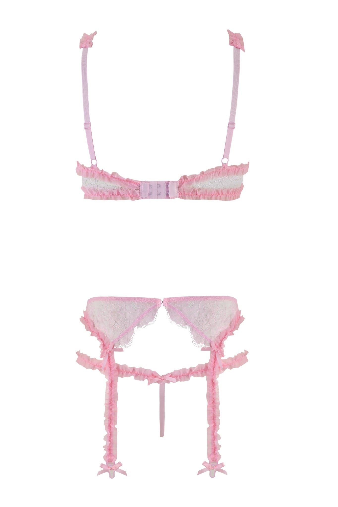 Introducing the MADISON 3 PIECE SET in pink by I.AM.GIA: This exquisite lingerie set includes a bralette with ruffled edges, a matching garter belt, both detailed with delicate lace patterns and decorative bows. The set also features an adjustable bra for the perfect fit and a lace thong to complete your enchanting look.