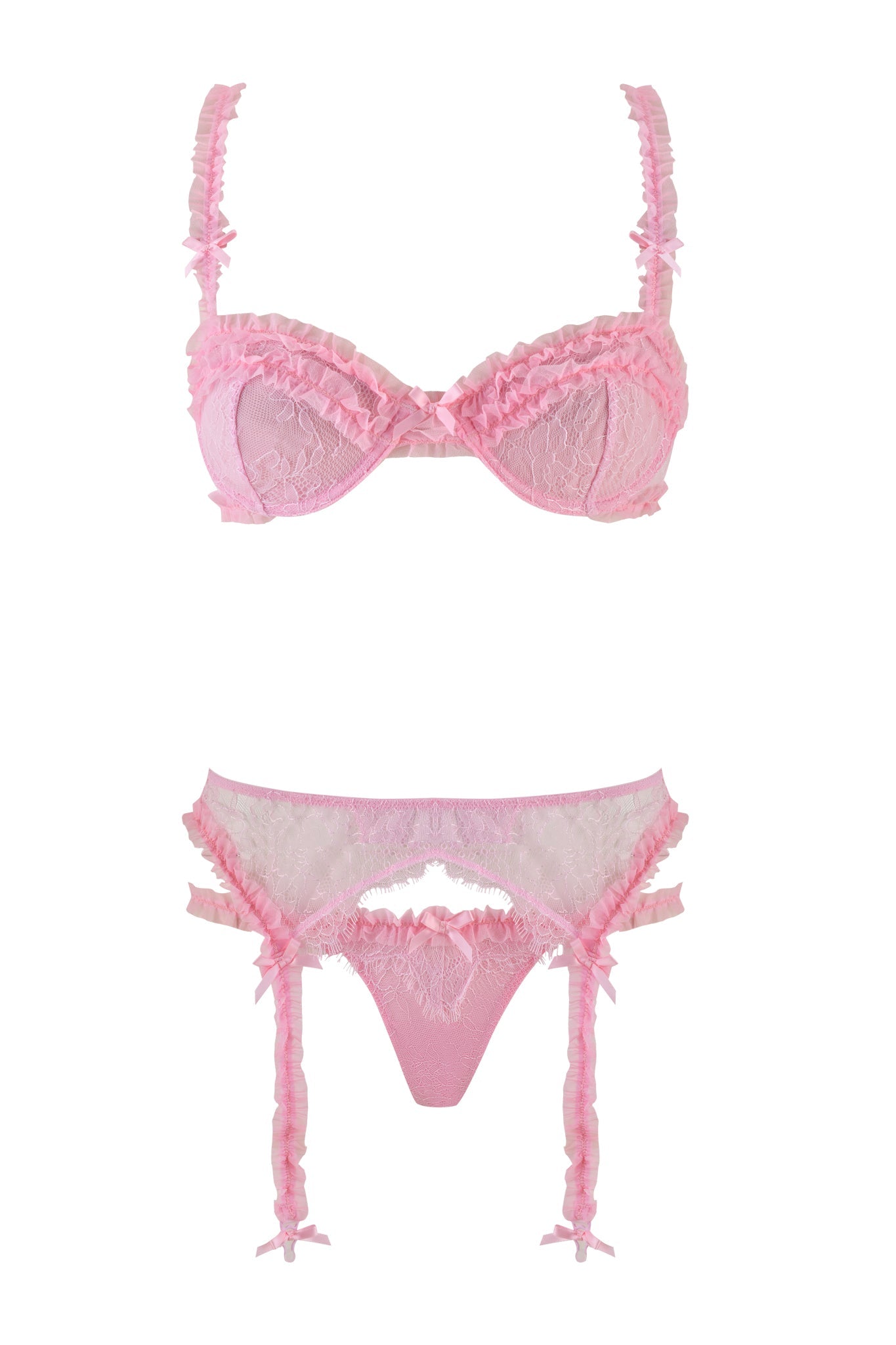 Introducing the MADISON 3 PIECE SET - PINK by I.AM.GIA, a stunning ensemble featuring ruffled straps on a stylish pink lingerie set. It includes an adjustable bra with underwire support and a matching lace thong equipped with garter straps.