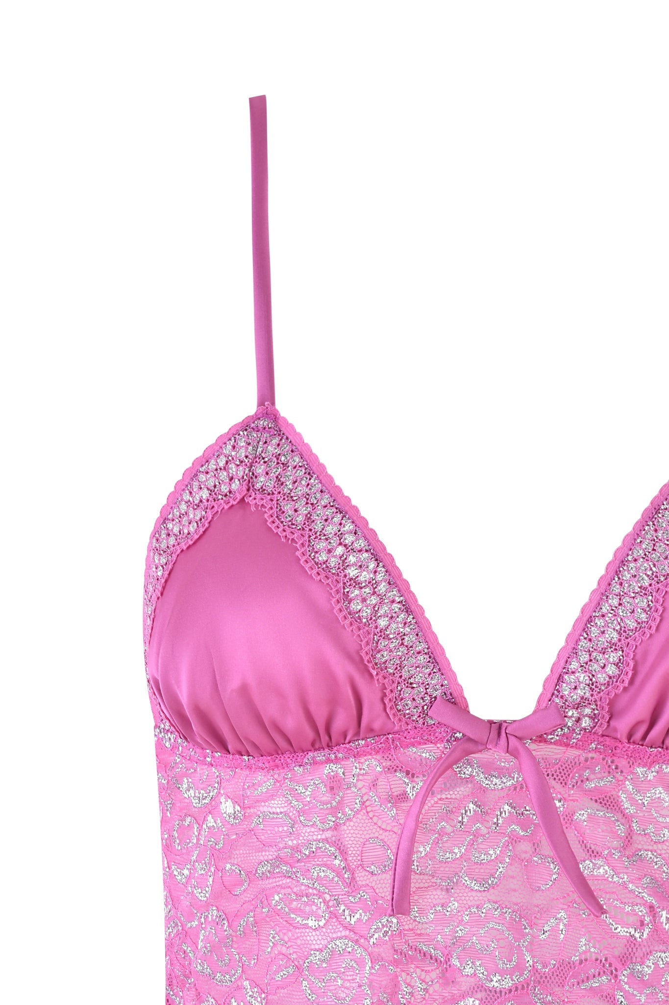 Close-up of the LOLO METALLIC SET by I.AM.GIA, featuring a pink lace lingerie top with thin straps, magenta metallic lace detailing, a central bow enhancing its floral pattern, and paired with a low rise thong for allure.
