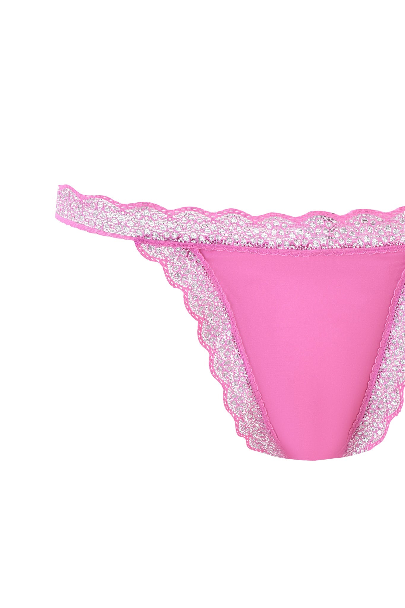 The LOLO METALLIC SET - MAGENTA by I.AM.GIA features pink lace panties with a magenta metallic waistband and silver trim. Scalloped edges enhance the elegant look, presented on a white background that highlights their charm.