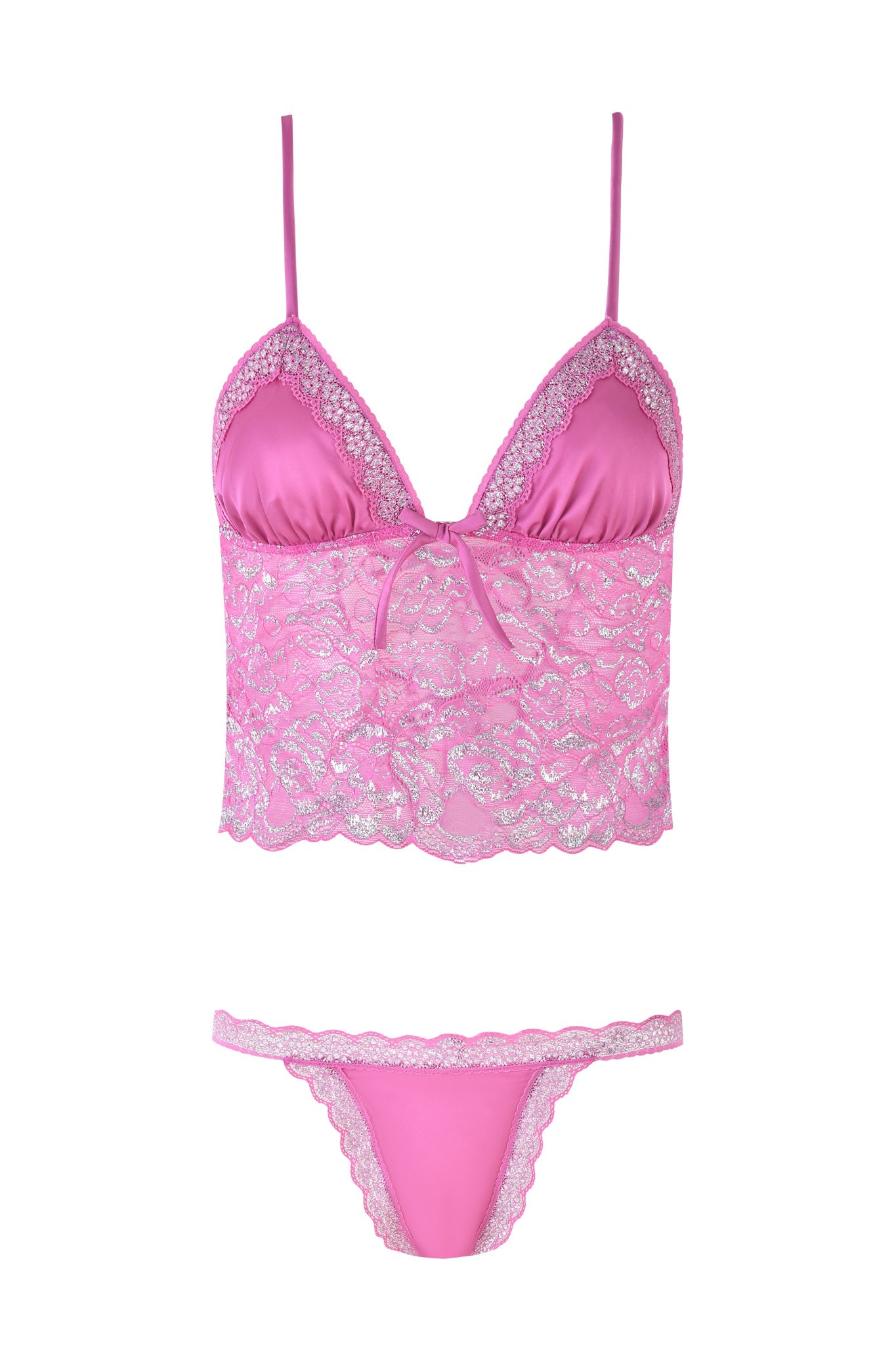 The LOLO METALLIC SET - MAGENTA by I.AM.GIA includes a camisole featuring adjustable straps and sheer lace with a bow, paired with a low-rise thong adorned with matching lace trim.