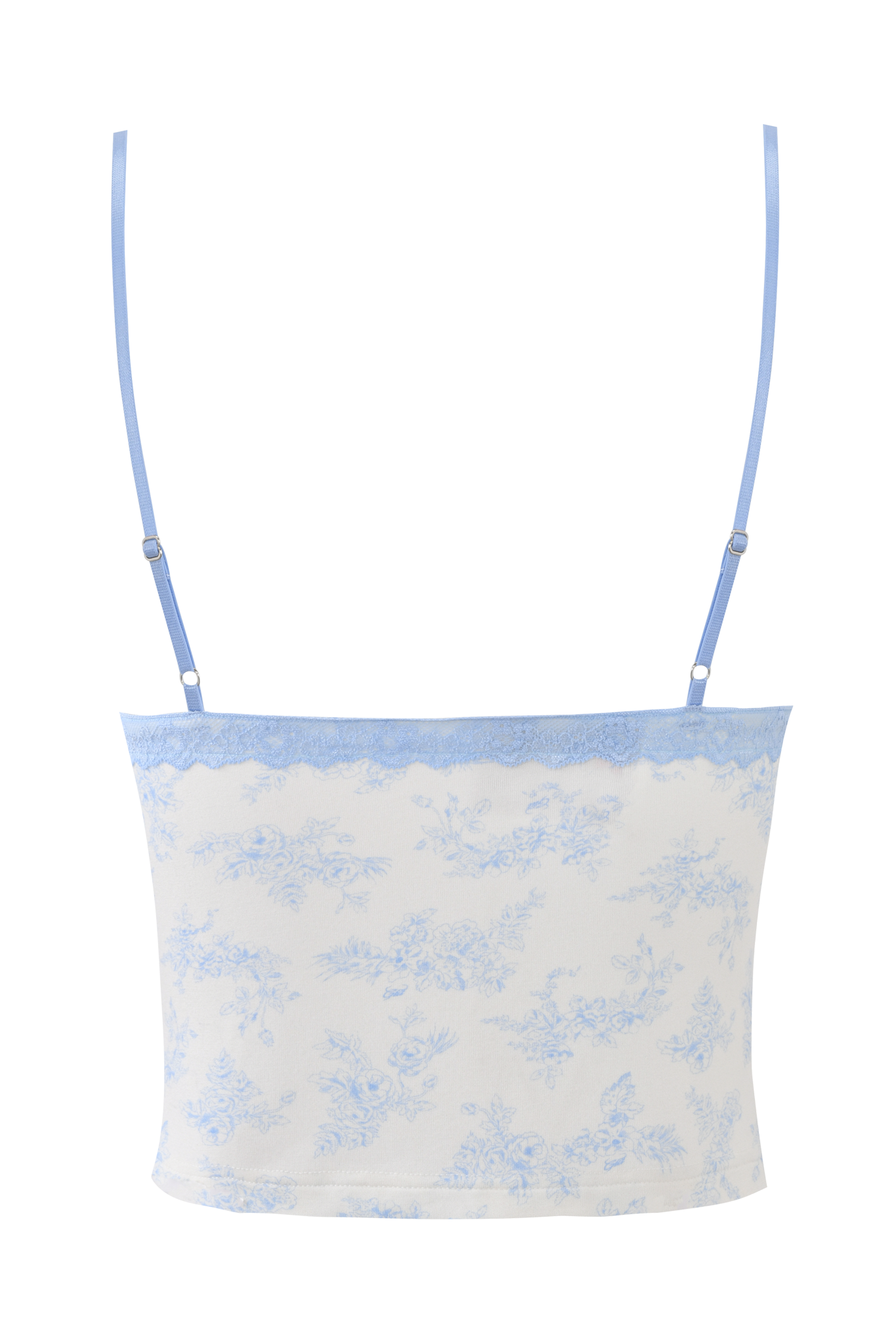 The KENDRA TANK - BLUE TOILE by I.AM.GIA is a white crop top with thin adjustable blue straps, delicate light blue floral print, and blue lace trim along the top edge.