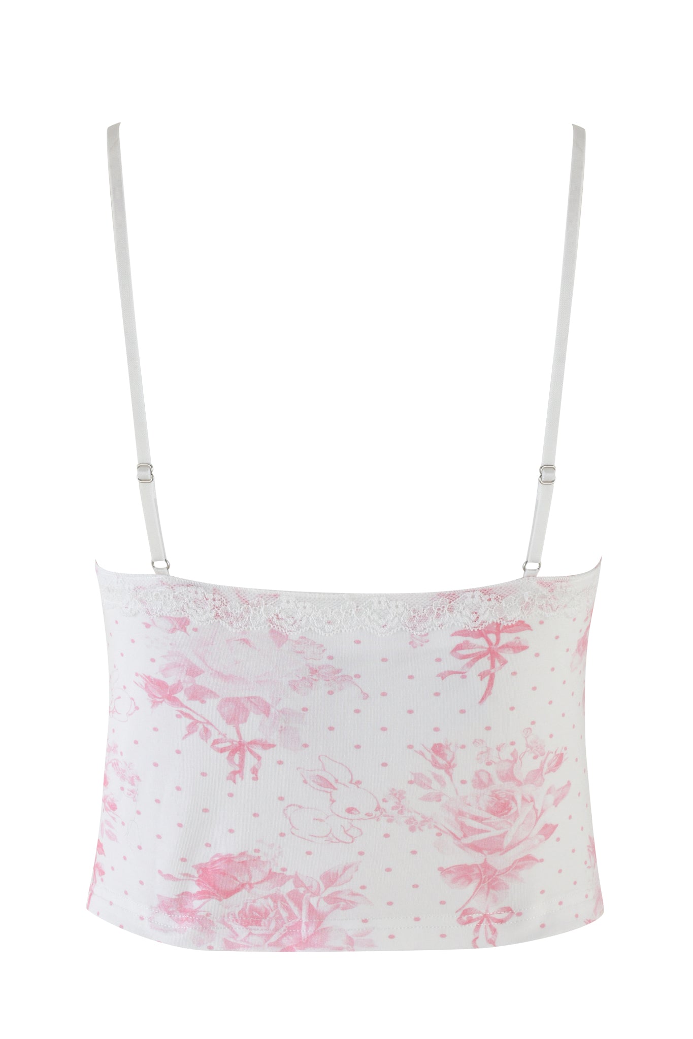 The KENDRA TANK - WHITE : FLORAL : BUNNY BOUQUET by I.AM.GIA is a stylish camisole showcasing an enchanting floral pattern with delicate pink flowers and polka dots. It features thin adjustable straps and a lace trim along the top edge, adding an elegant touch that perfectly captures Kendra styles.