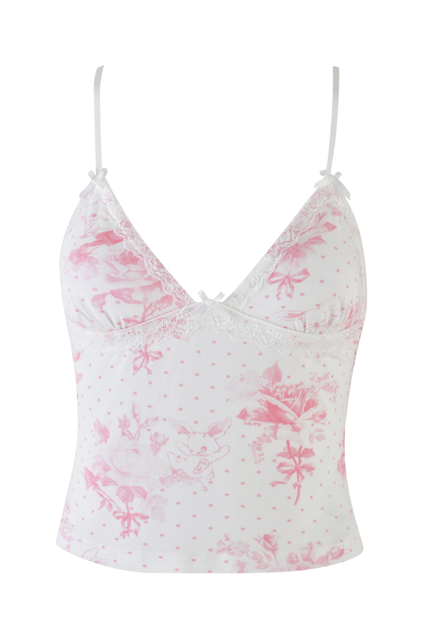 The KENDRA TANK - WHITE : FLORAL : BUNNY BOUQUET from I.AM.GIA is a white camisole adorned with a pink floral print and small polka dots. It features thin straps, lace trim along the V-neckline, and offers a bodycon silhouette for a fitted design.