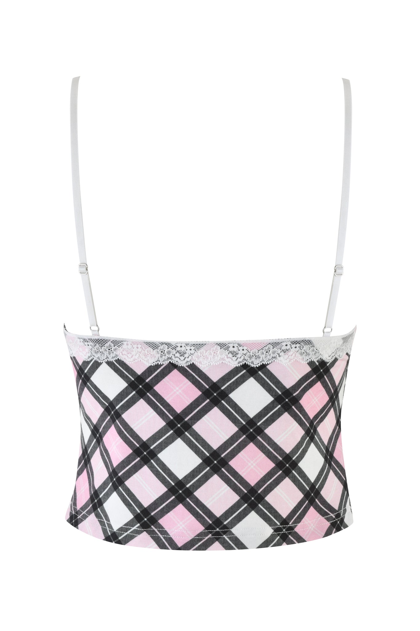 The KENDRA TANK - PINK : PLAID by I.AM.GIA features an elegant checkered pattern with intersecting lines in black, white, and pink on a pink plaid tank top. It is designed with adjustable shoulder straps and adorned with lace along the top edge for a delicate touch, enhancing its graceful silhouette.