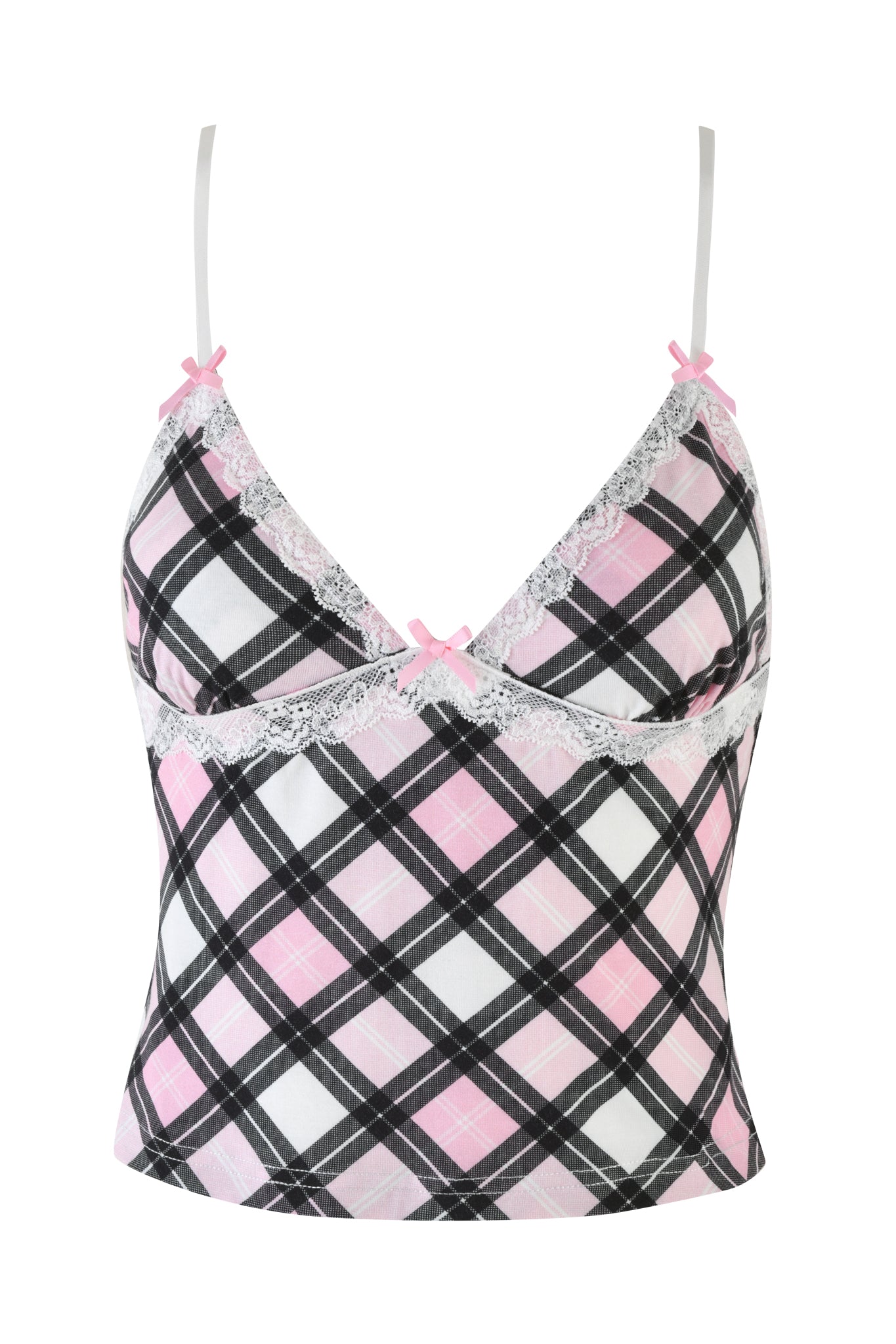 The KENDRA TANK - PINK : PLAID by I.AM.GIA is a sleeveless tank top featuring a pink plaid pattern with black and white checks. It is accented with delicate lace trim around the neckline, and adorned with small pink bows on the adjustable shoulder straps and center for added charm. The fitted, cropped design perfectly encapsulates a bodycon silhouette.