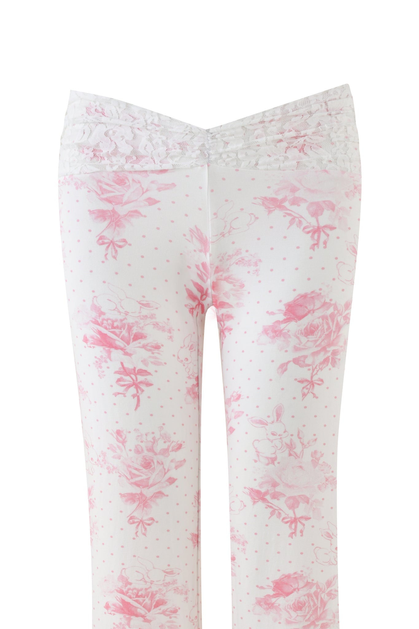 Introducing the KENDRA PANT - WHITE: FLORAL: BUNNY BOUQUET from I.AM.GIA, a stylish pair of white leggings showcasing a custom floral design with pink flowers and tiny polka dots. The low-rise waistband is elegantly finished with delicate white lace, providing both fashion and comfort.