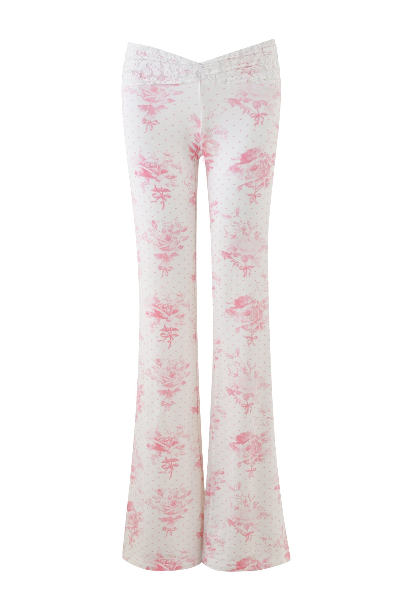 Introducing the KENDRA PANT - WHITE : FLORAL: BUNNY BOUQUET by I.AM.GIA, featuring a custom pink floral print with a gentle polka dot design. These high-waisted, wide-leg pants are perfect for adding a touch of elegance to any ensemble.