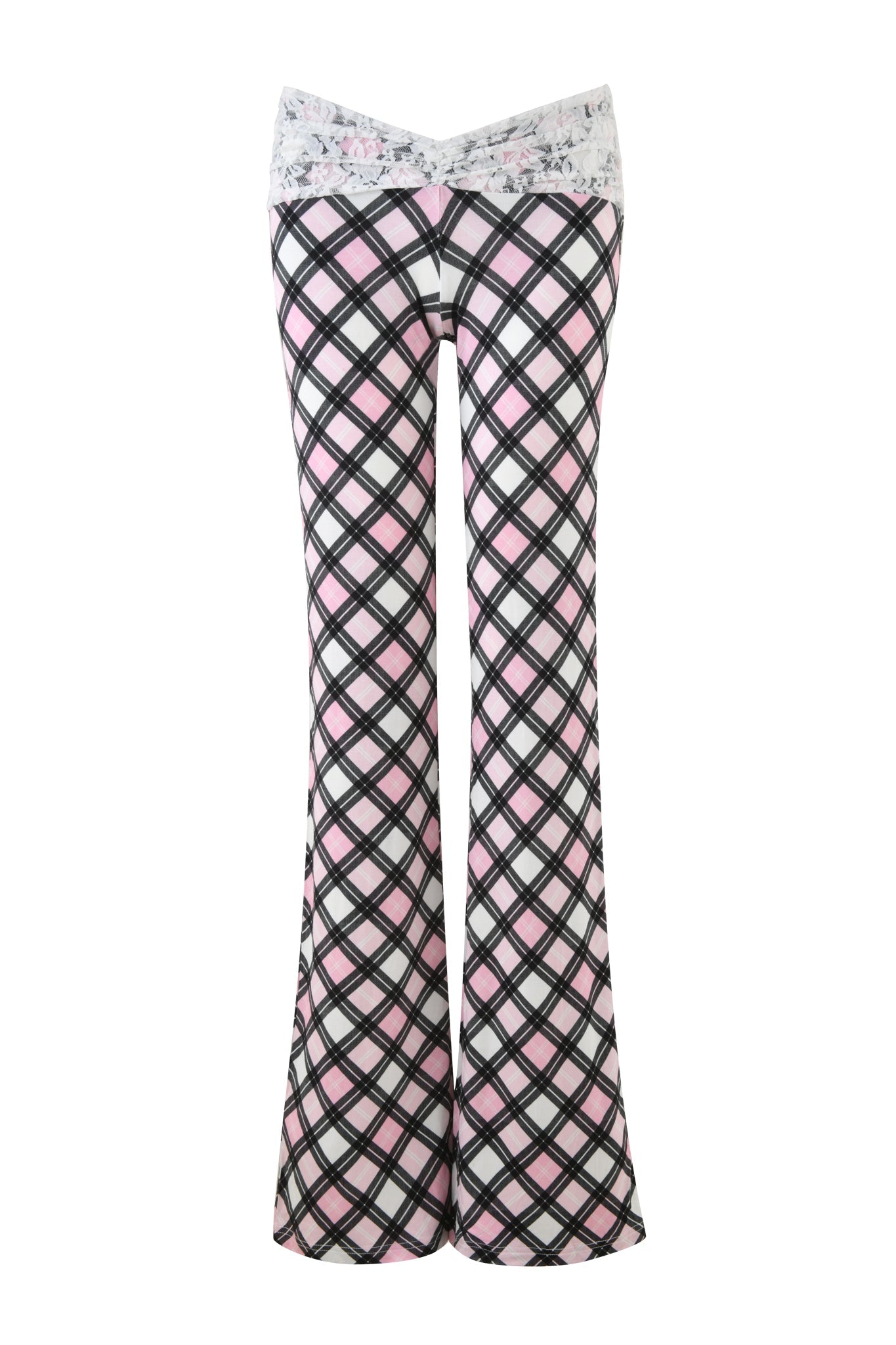 The KENDRA PANT - PINK : PLAID by I.AM.GIA features a retro, low-rise flared silhouette on a clean white backdrop. The floral design of the waistband provides a playful contrast, giving these pants a distinctive vintage-inspired flair.