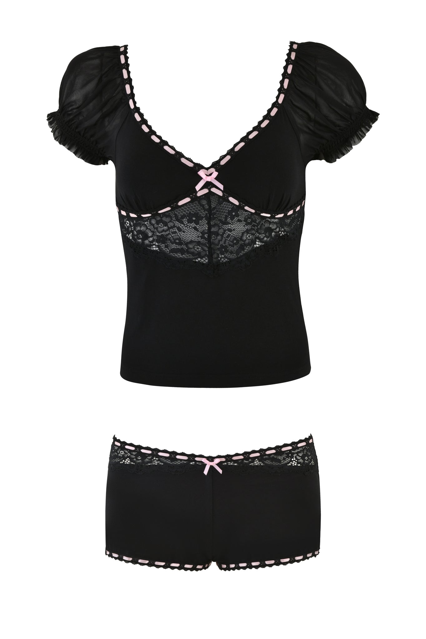 The DESTINY 2 PIECE SET - BLACK by I.AM.GIA is a black lingerie set with a vintage-inspired design. It features lace detailing and a bodycon fit, with the short-sleeved top showcasing puffed sleeves and an elegant lace panel. The matching shorts are highlighted by pink ribbon accents and intricate lace trim at the waist.