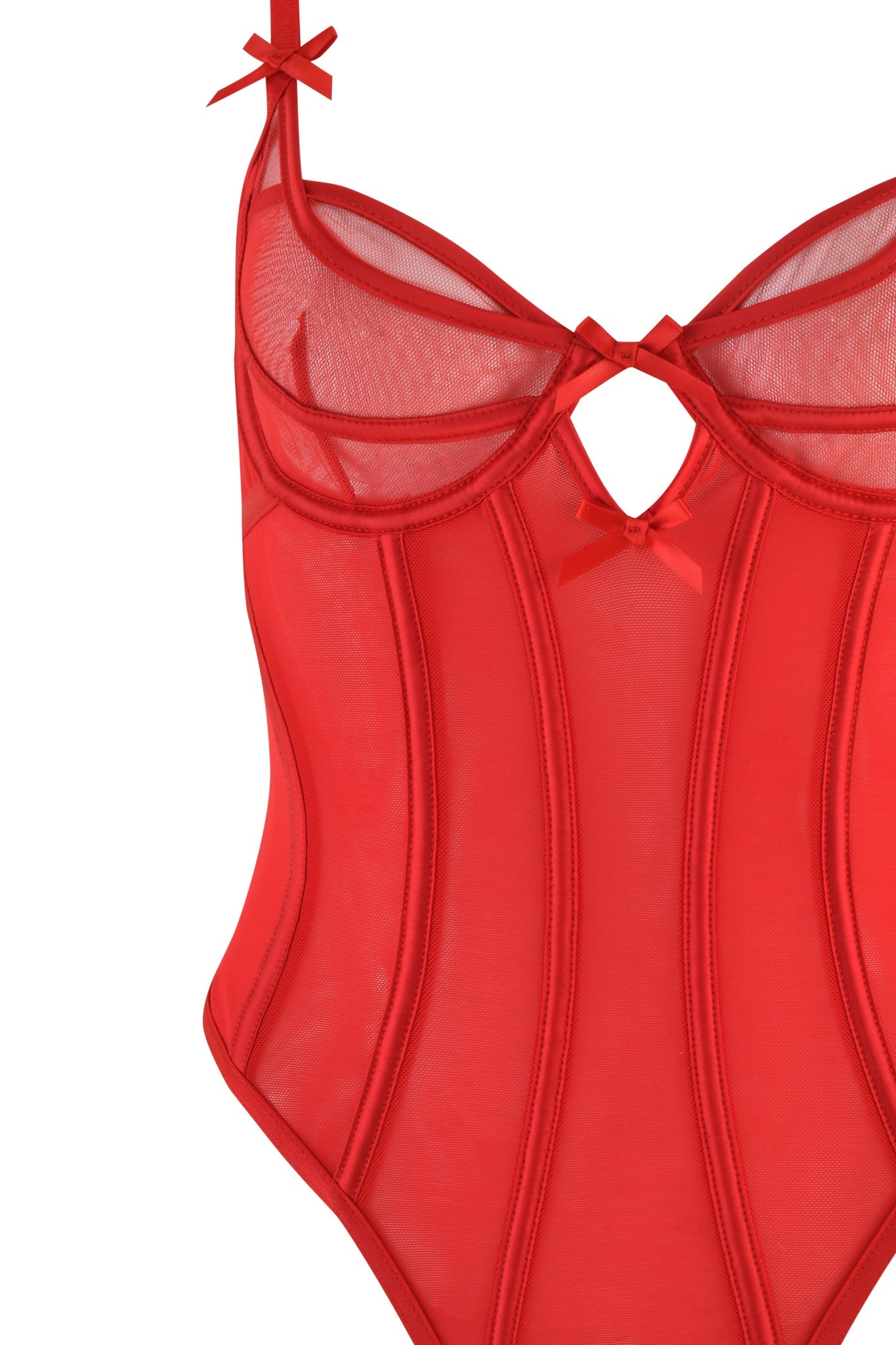 The JACQUELINE BODYSUIT - RED by I.AM.GIA features underwire cups, small front bows, and a keyhole detail. With vertical seam accents for a vintage look, it has adjustable thin shoulder straps for an ideal fit.