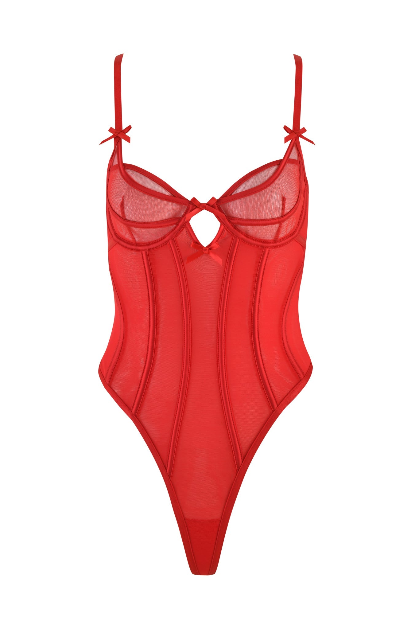 The JACQUELINE BODYSUIT - RED by I.AM.GIA is a vintage-inspired red sheer piece with underwire cups, decorative seams, and adjustable spaghetti straps with bows. It features a keyhole front cutout and high-cut legs, exuding timeless elegance.