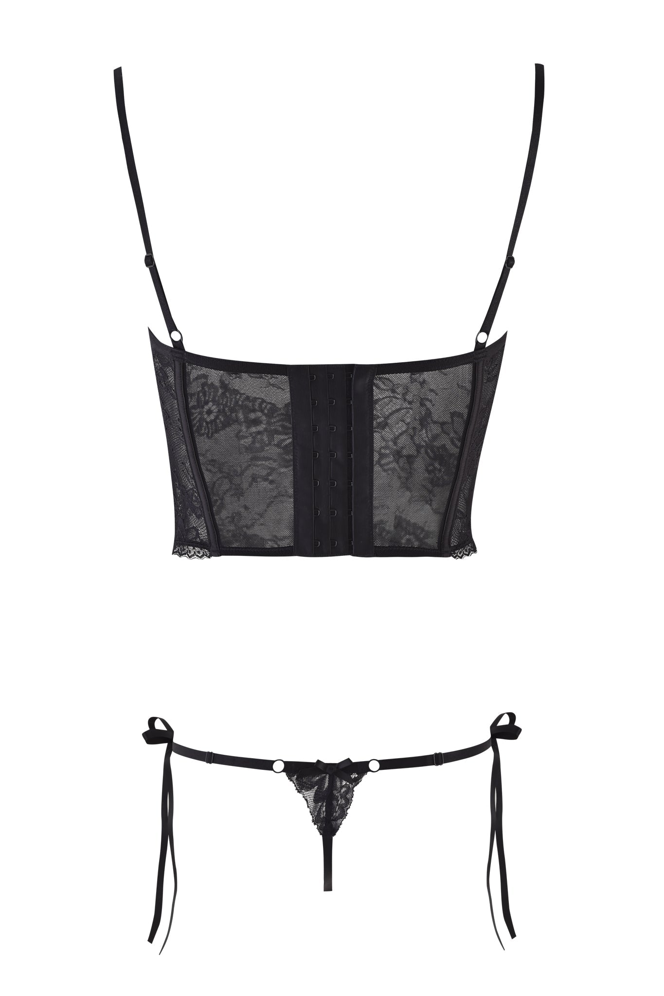 The I.AM.GIA JACQUELINE BUSTIER SET in black features a vintage-inspired corset-style top with adjustable straps and hook-and-eye closures, shown from the back, paired with a matching thong with thin tie side straps.