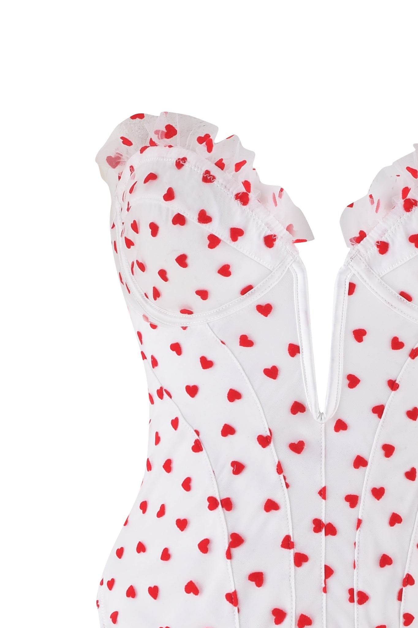 The PAMELA SET - WHITE : HEARTBEAT by I.AM.GIA is a vintage-inspired bustier corset top with heart-flocked tulle, small red hearts, removable garter straps, ruffled neckline trim, and structured seams for a fitted silhouette.