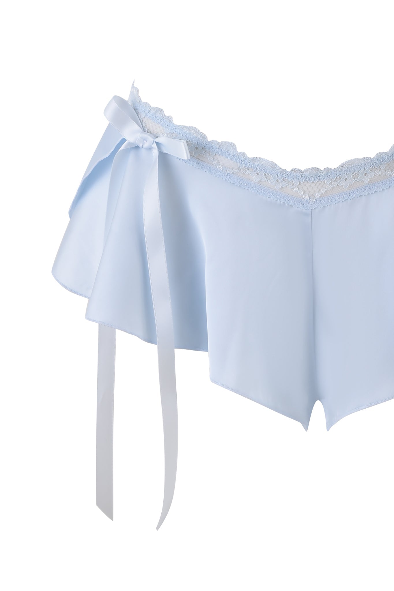 The BRIDGET BUSTIER SHORT SET - BLUE by I.AM.GIA features light blue women's lingerie with stretch lace trims, a side decorative bow, silky material, frilled edge, and long ribbon ties.