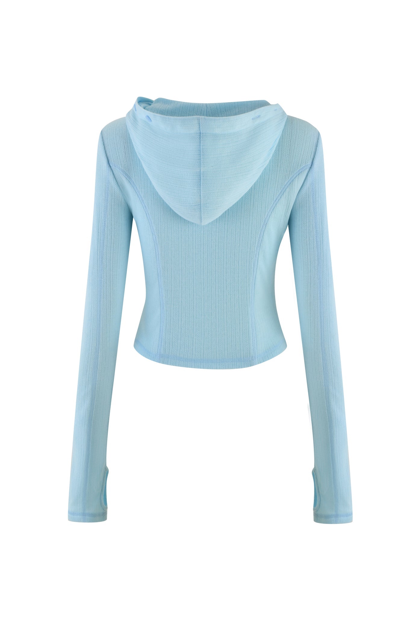 The MIA HOODIE 2.0 in baby blue by I.AM.GIA showcases a ribbed texture with a bodycon silhouette. This long-sleeved, cropped hoodie is elegantly displayed against a plain white background, with the hood laid flat for added style and sophistication.