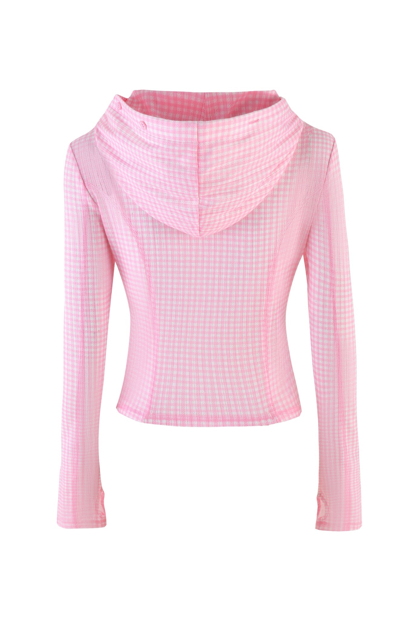 Back view of the MIA HOODIE - PINK by I.AM.GIA in pink gingham. This long-sleeve top has a fitted design with an attached hood, offering cozy style.