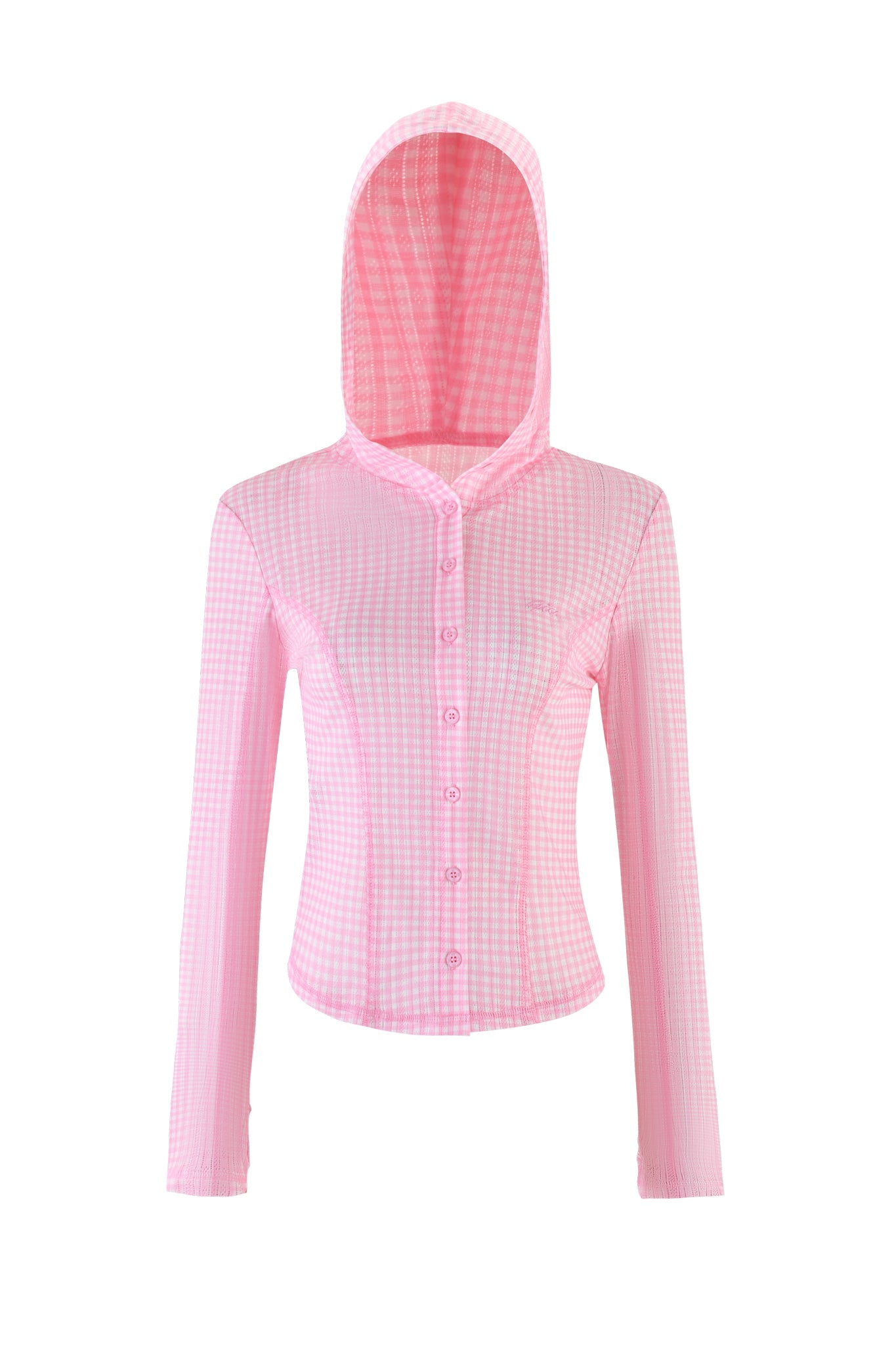 The I.AM.GIA Mia Hoodie in baby pink gingham features a hood, long sleeves, and front buttons. Made from slightly sheer fabric, this fitted design combines style and charm. Displayed on a white background, it showcases chic elegance effortlessly.