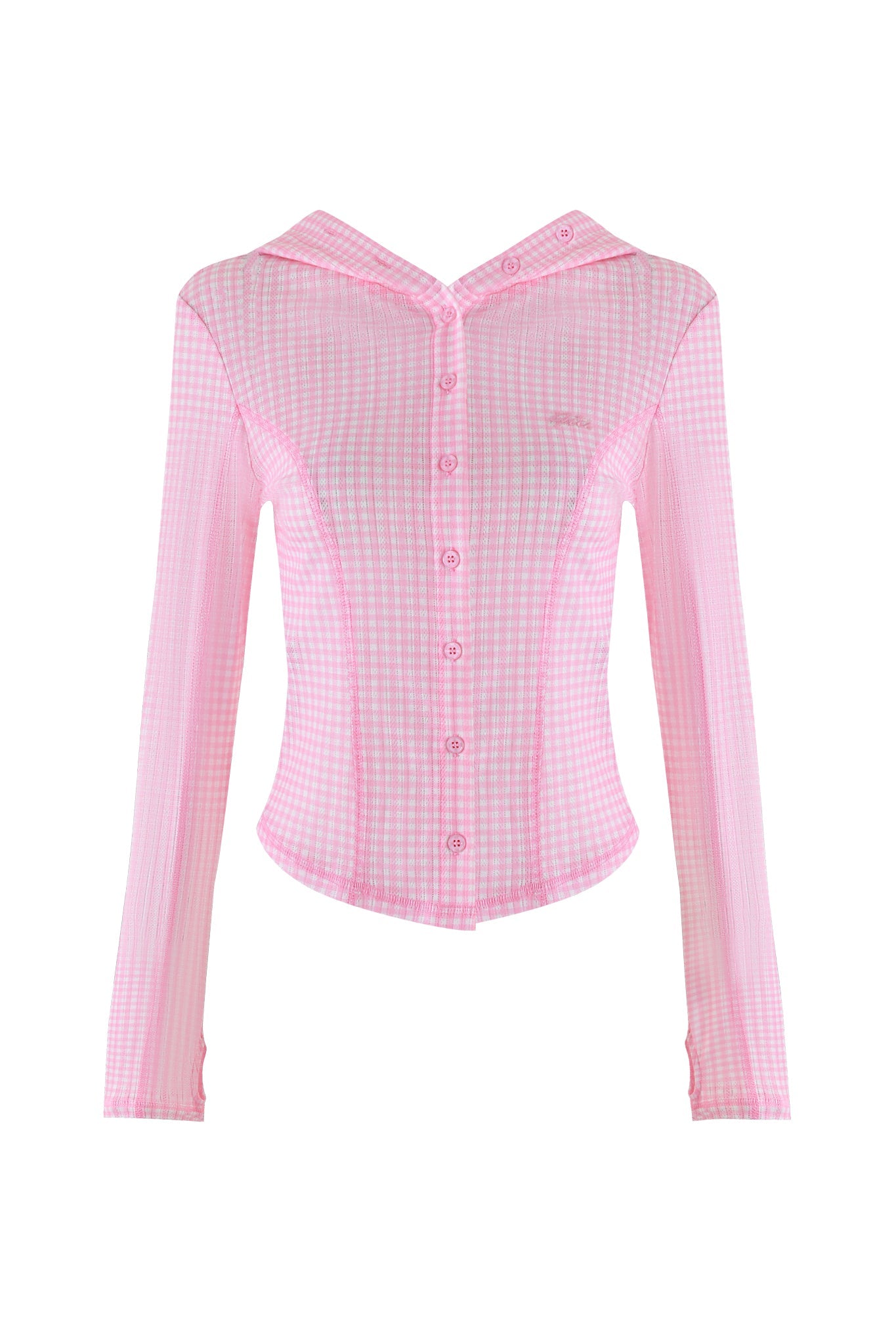 The MIA HOODIE - PINK GINGHAM by I.AM.GIA is a baby pink blouse featuring long sleeves, a pointed collar, and a button-down front. Its sheer fabric enhances the fitted silhouette with a delicate touch.
