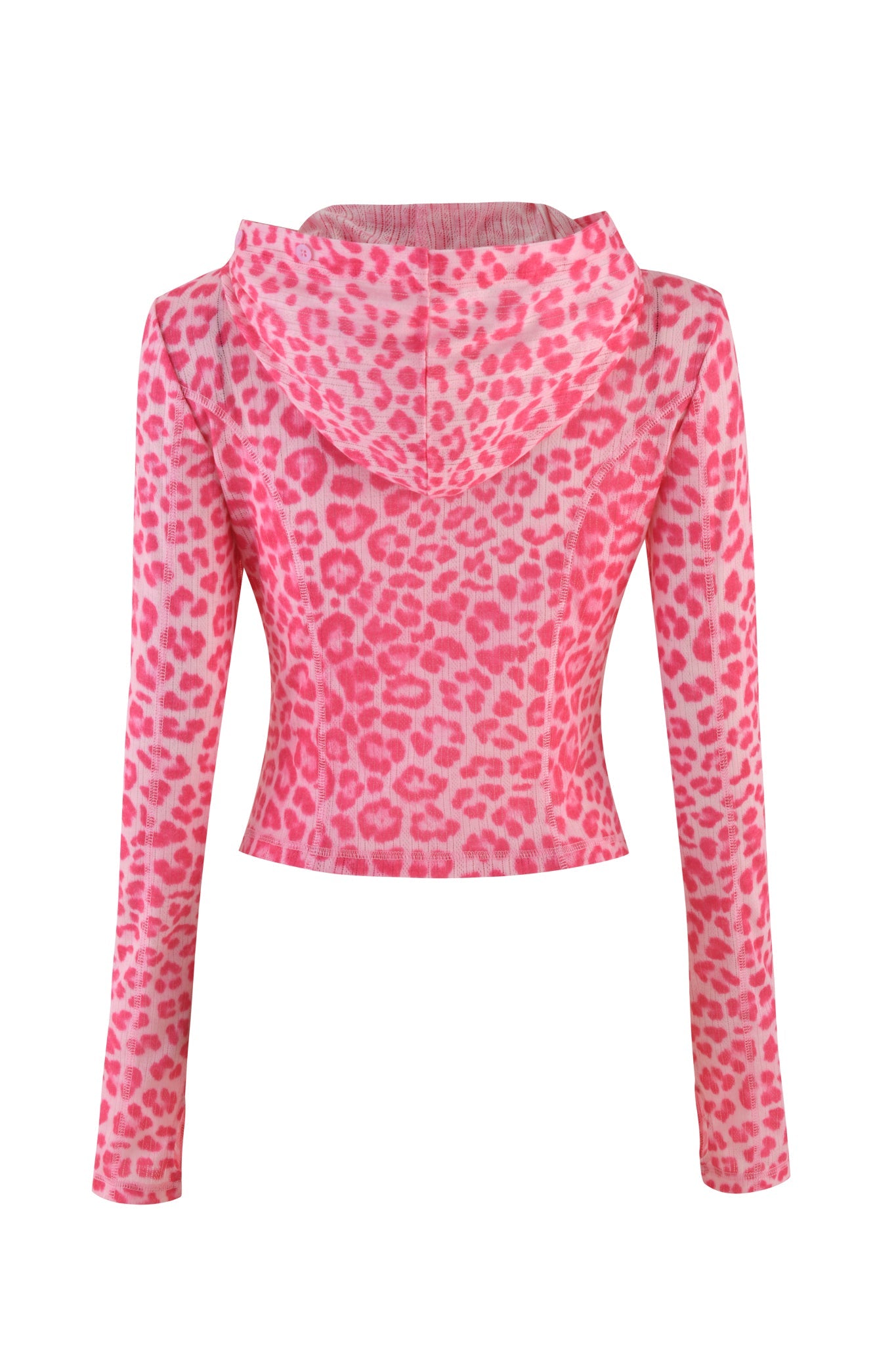 Here is the back view of the I.AM.GIA MIA HOODIE - PINK, a fitted long-sleeve top featuring a hot pink leopard print on a white background. This bodycon silhouette presents a vibrant and playful design.
