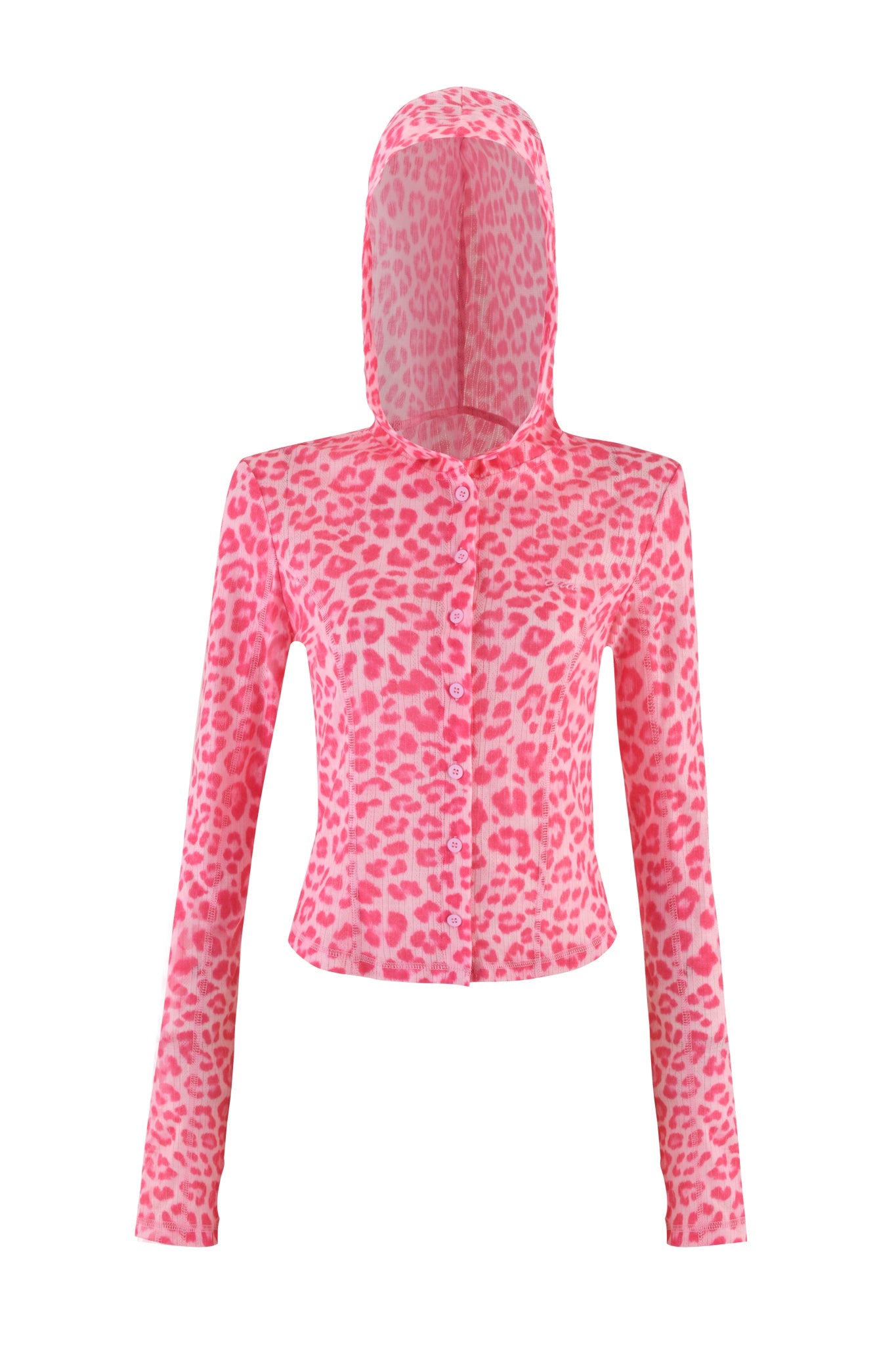 Introducing the MIA HOODIE - PINK : PINK LEOPARD by I.AM.GIA, a striking hot pink leopard print creation. This vibrant long-sleeved hoodie is made from light, slightly sheer fabric for a chic and fashionable appearance. Featuring a full front button closure, it seamlessly blends style with comfort.