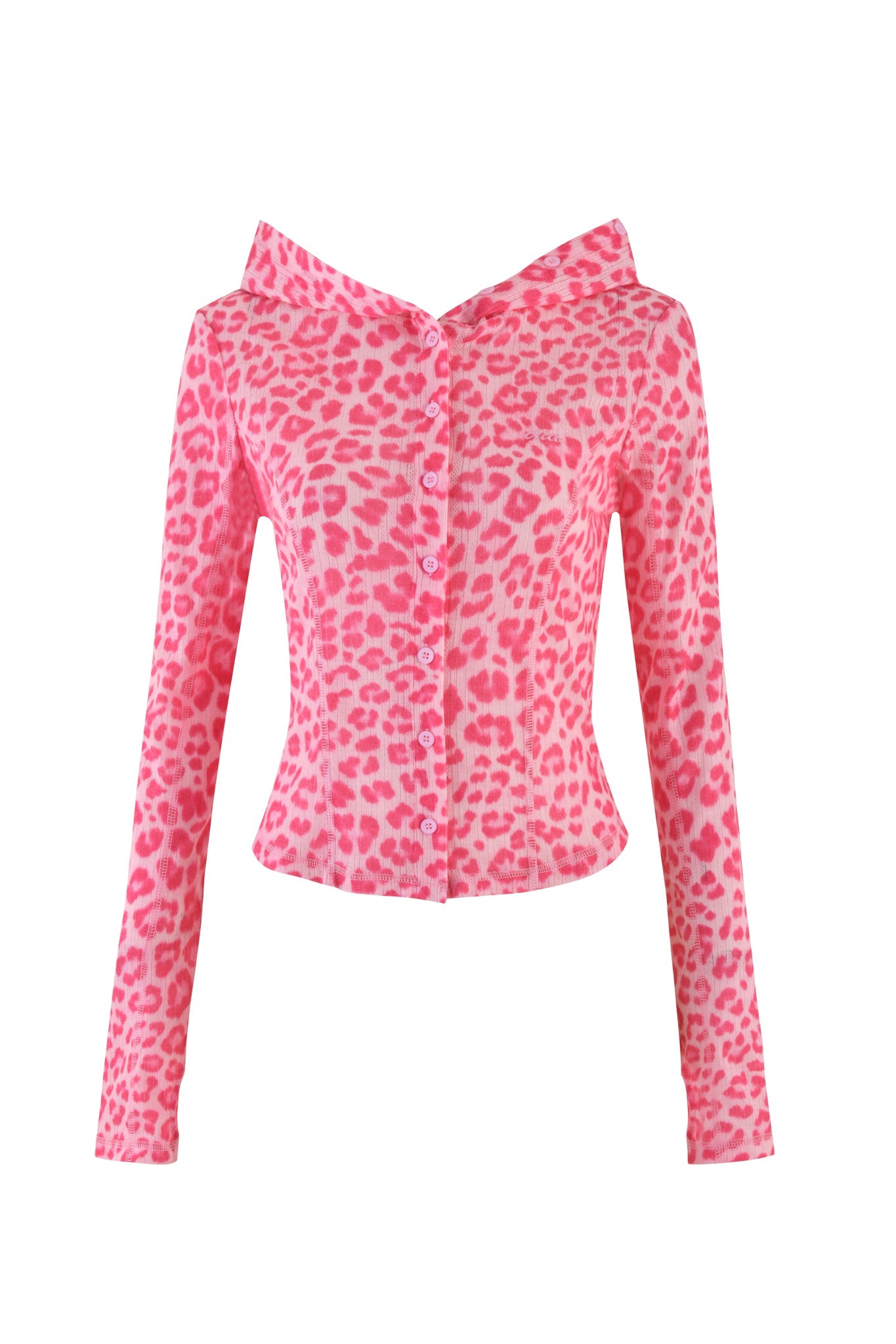 Introducing the MIA HOODIE - PINK: PINK LEOPARD by I.AM.GIA, featuring a hot pink leopard-print design on a white background. This long-sleeve hoodie offers a fitted cut that enhances its bold patterned texture, delivering a bodycon silhouette.