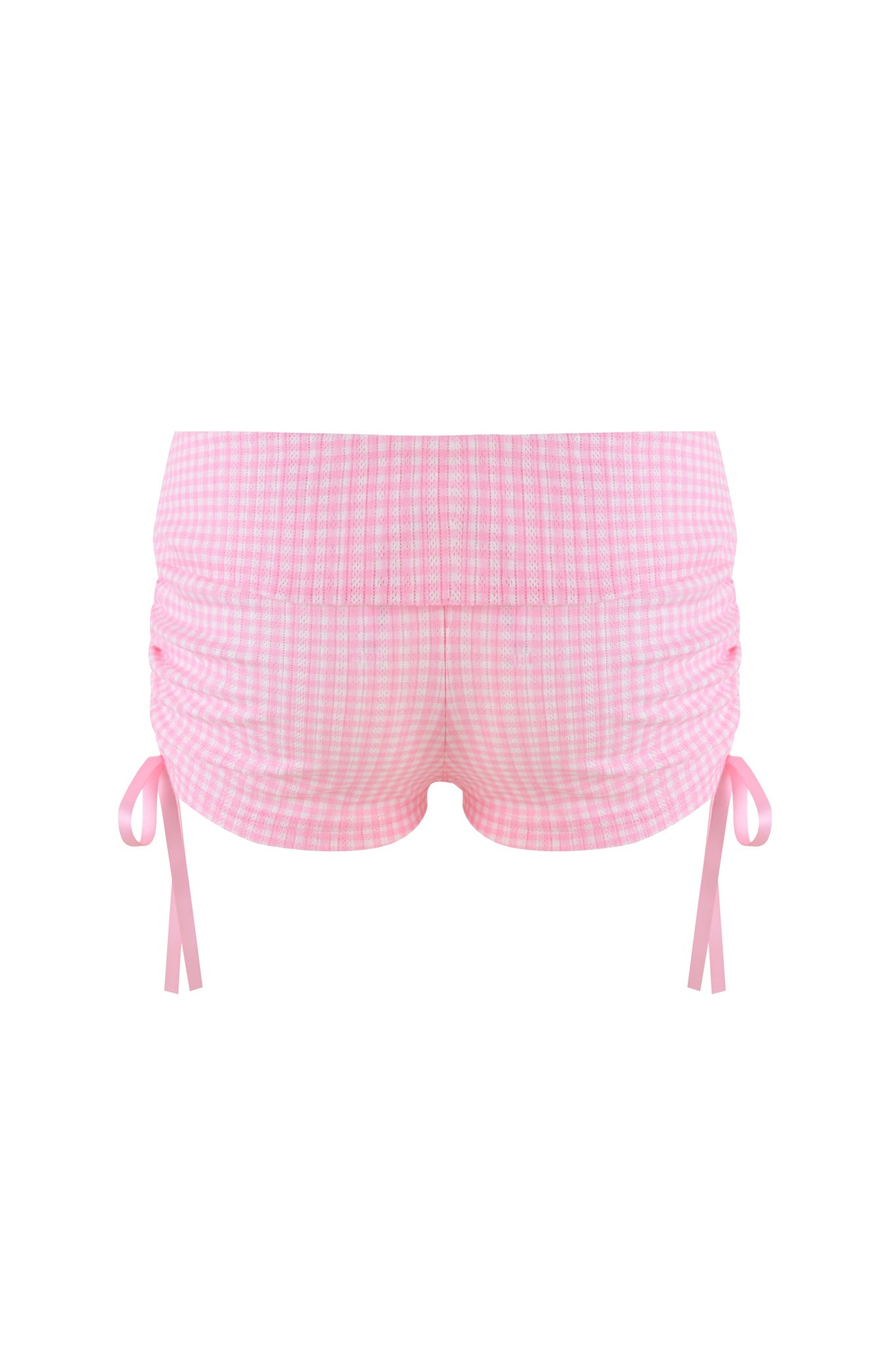 The MIA SHORT by I.AM.GIA features a low-rise waist and baby pink gingham pattern with ruched sides and bow-tied ribbons.