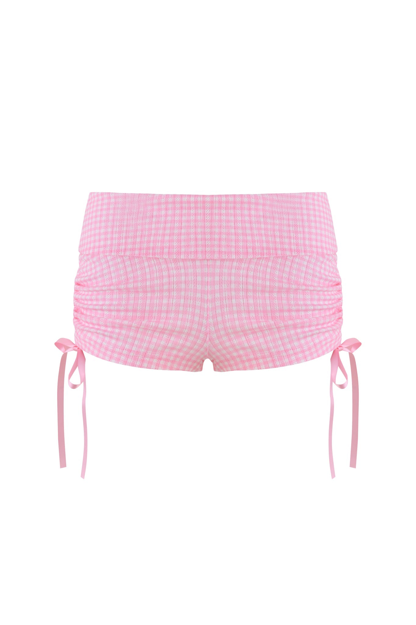 The MIA SHORT - PINK by I.AM.GIA features a low-rise design in pink gingham, with gathered sides and ribbon ties for a charming and playful look.