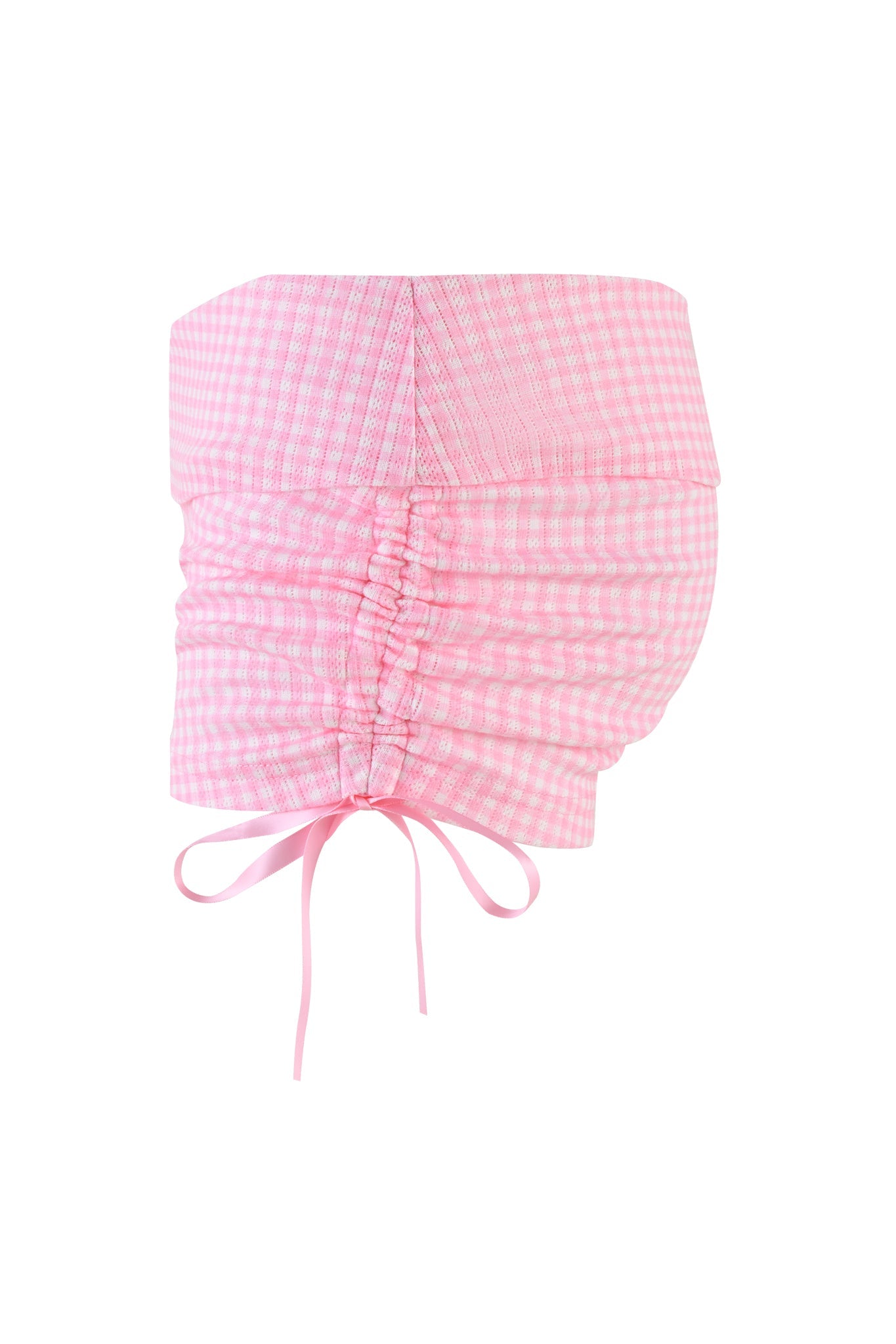 The I.AM.GIA MIA SHORT - PINK GINGHAM is a baby pink corset top with a ruched front and lace-up detail, featuring small white and pink checks for a classic, vintage look that pairs perfectly with a low-rise skirt.