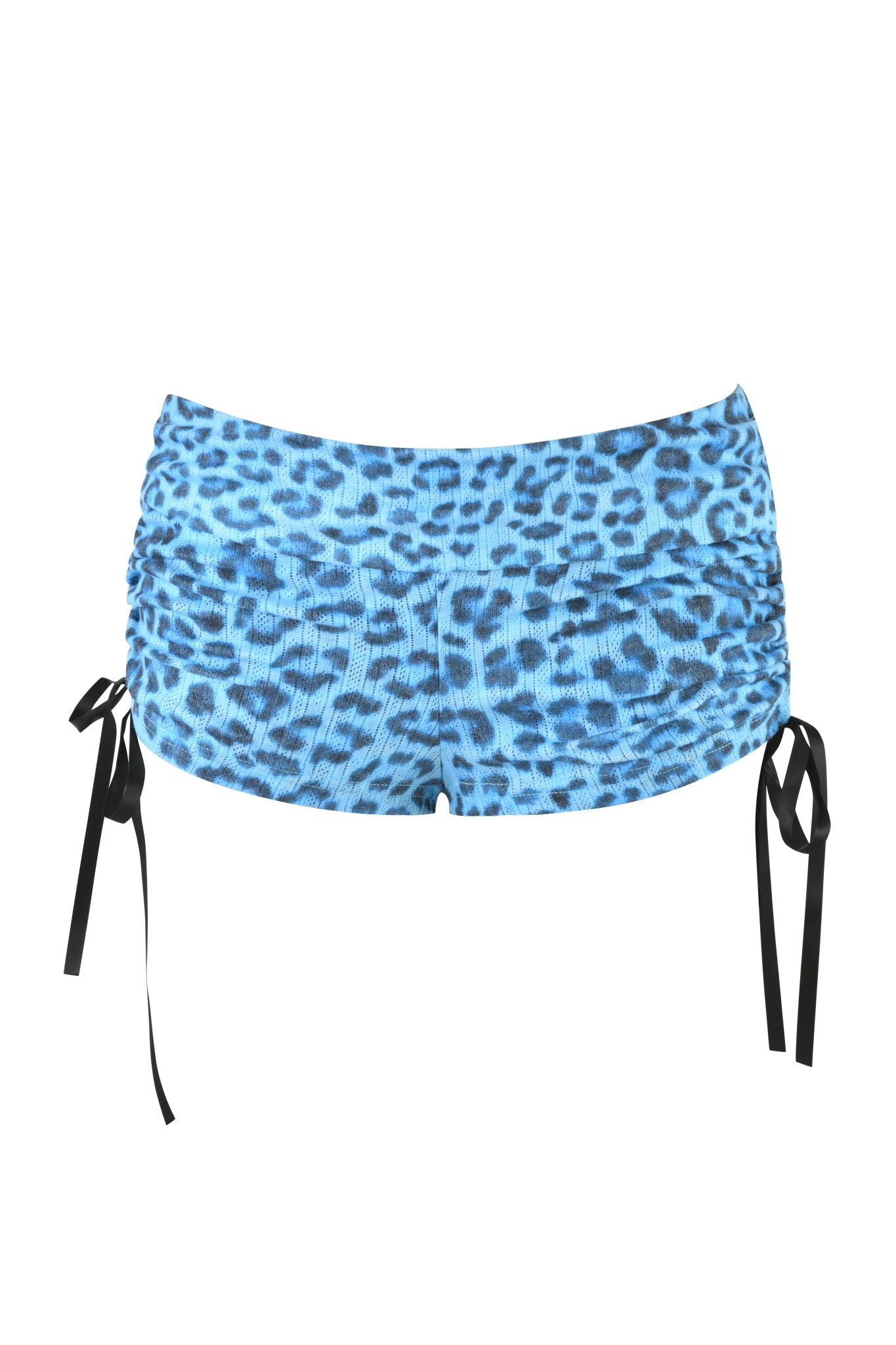 The I.AM.GIA MIA SHORT in teal leopard features electric blue animal print, ruching, and black side drawstrings, shown on a white background.