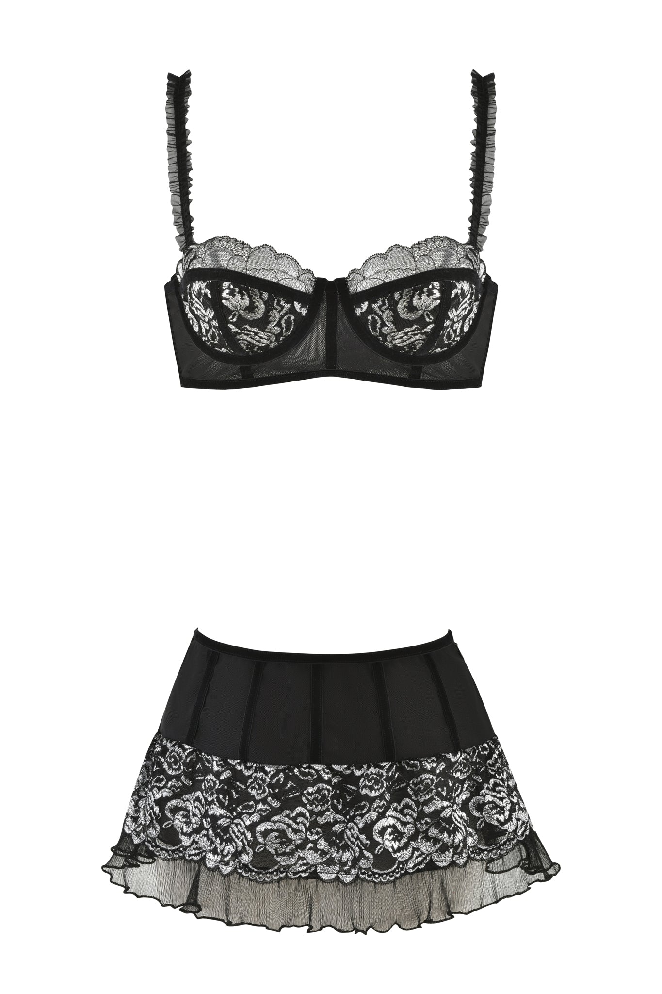 The NYSSA TWO-PIECE SET - BLACK by I.AM.GIA features a striking lace bralette with ruffled straps, beautifully complemented by a matching mini skirt embellished with floral lace and a ruffled hem.