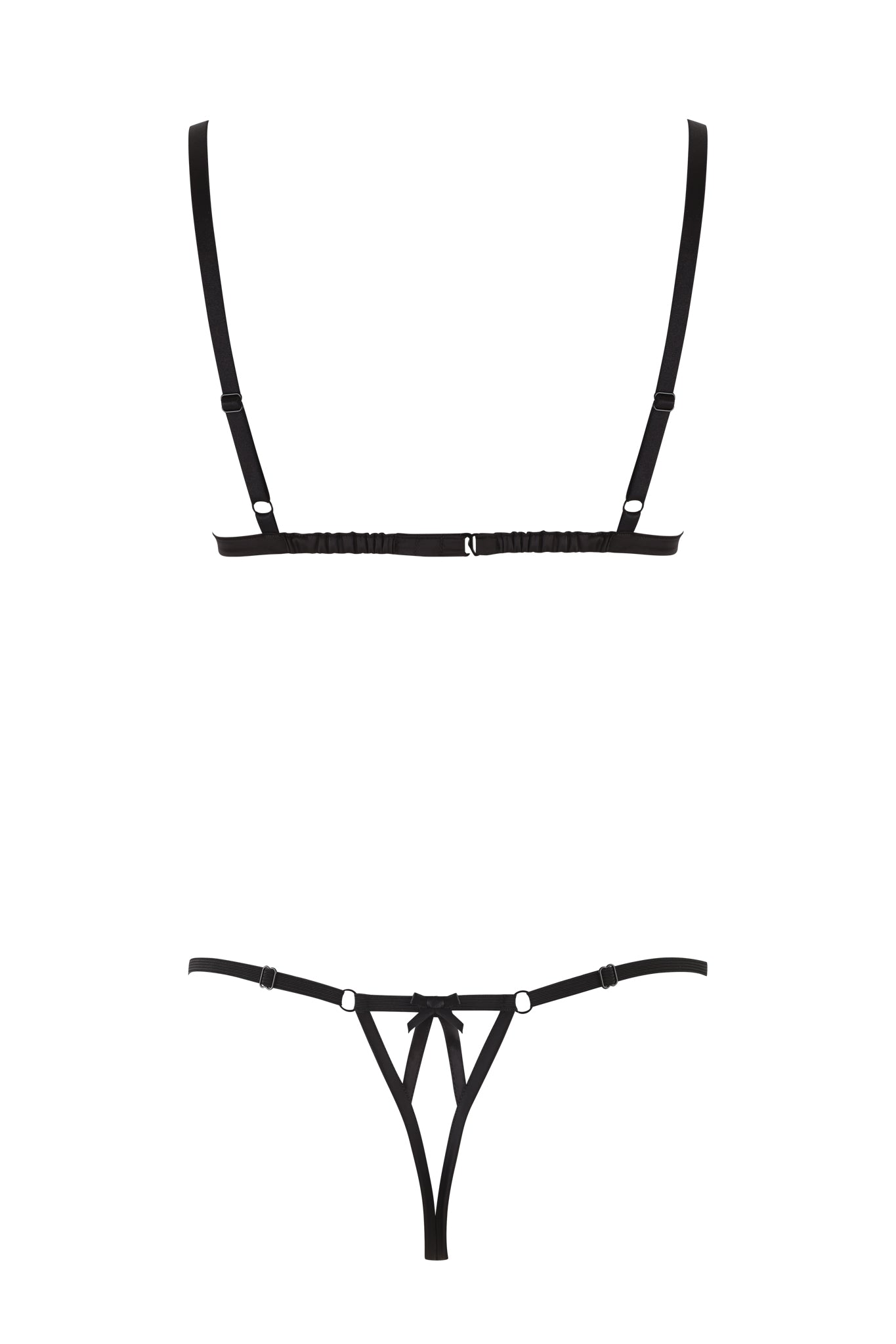 The CAROLINA PEEKABOO SET - BLACK by I.AM.GIA is showcased on a plain white background. The top highlights adjustable straps and a sleek, minimalist design, while the bottom offers a strappy, crotchless style with small ring accents.