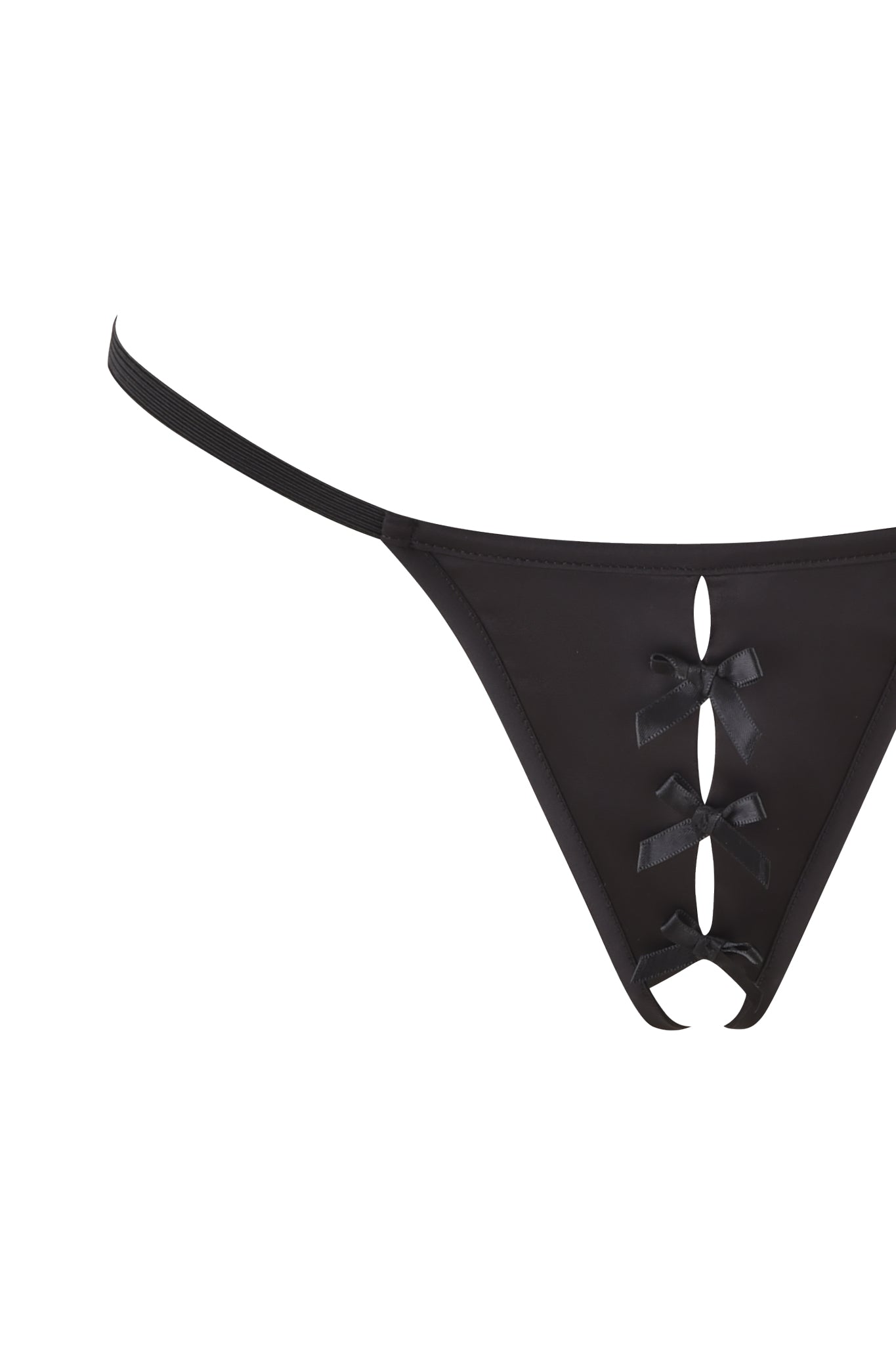 A pair of black lace-up panties from the I.AM.GIA Carolina Peekaboo Set, featuring thin adjustable straps, decorative bows, and alluring keyhole cut-outs in the front.