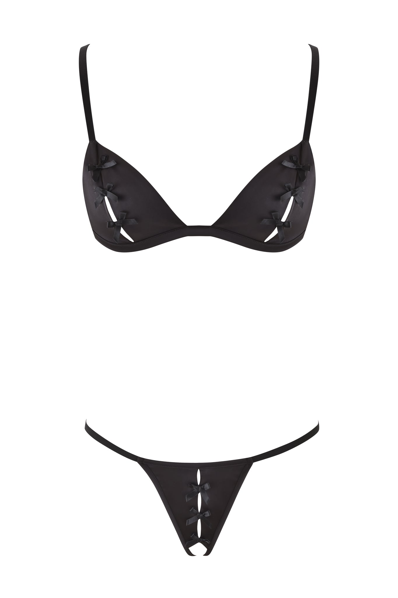 The I.AM.GIA CAROLINA PEEKABOO SET in black, presenting an alluring bra with adjustable straps on the cups and a thong boasting crisscross details, is gracefully displayed against a simple white background.