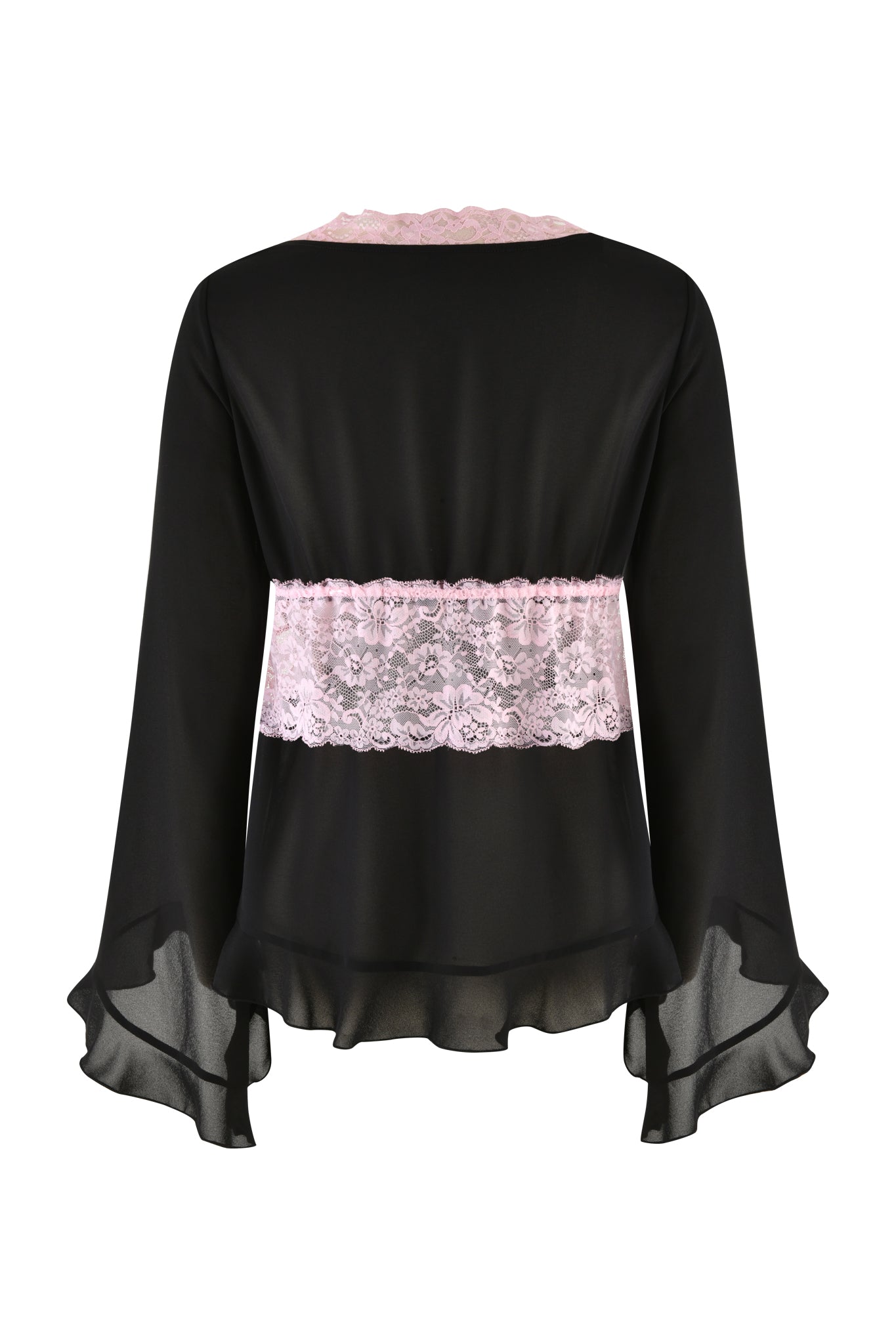 Introducing the JUNIPER ROBE THREE-PIECE SET in black by I.AM.GIA, featuring a long-sleeved design with flowing, bell-shaped sleeves and a translucent pink lace band across the back and shoulders, adding a feminine touch reminiscent of a delicate black robe.