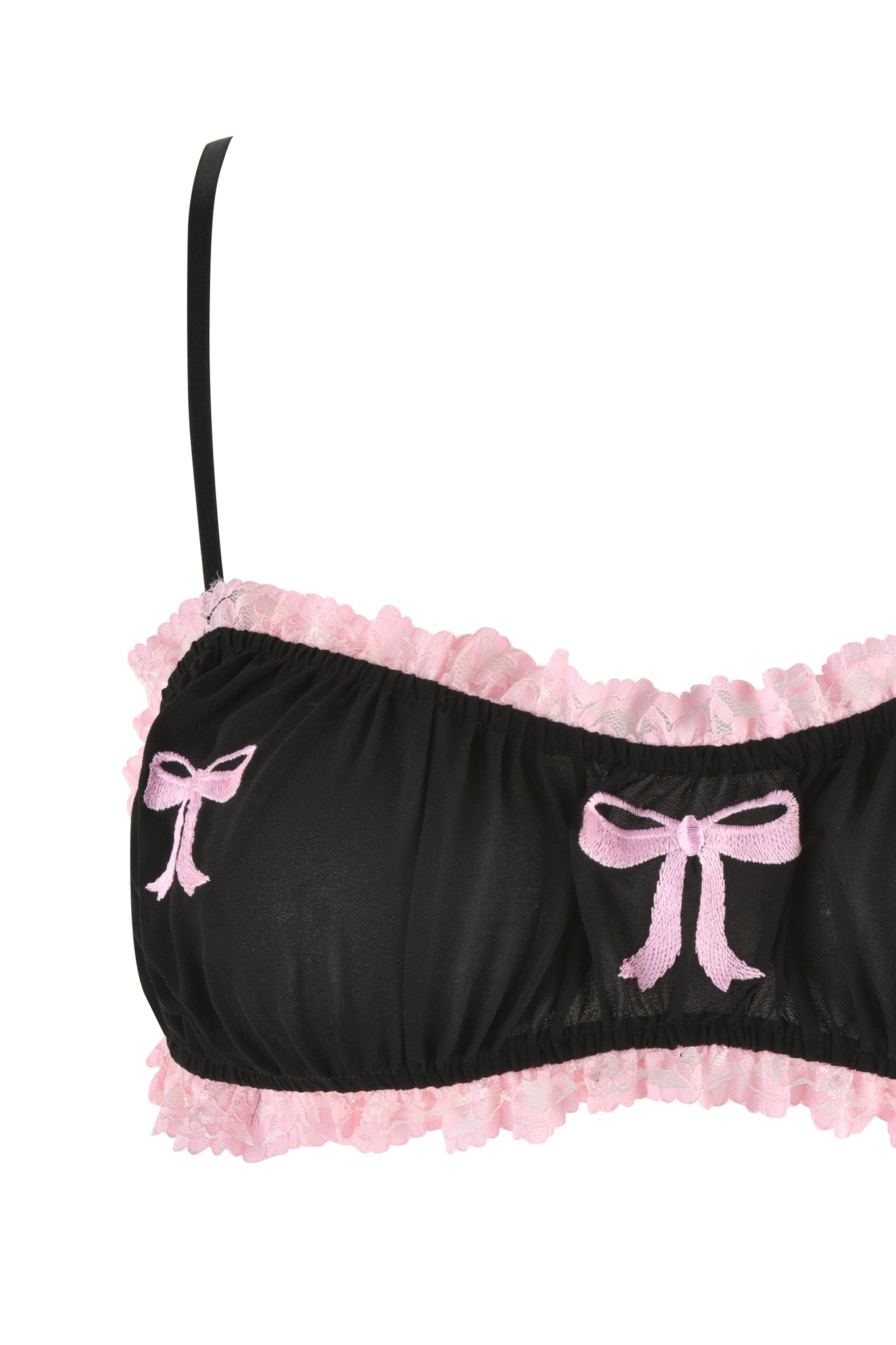 Introducing the JUNIPER ROBE THREE-PIECE SET by I.AM.GIA - a black bra adorned with pink ruffled lace trim and two charming pink bow accents. The delicate black straps enhance its elegance, making it a captivating piece for any three-piece ensemble.