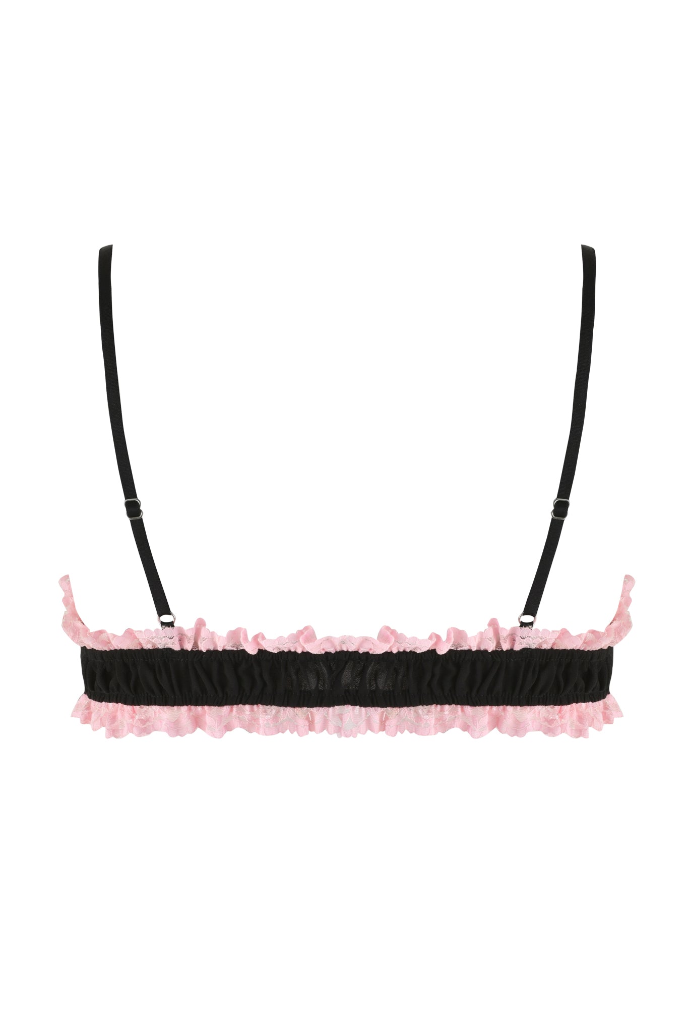 The JUNIPER ROBE THREE-PIECE SET - BLACK by I.AM.GIA includes a black and pink ruffled bralette, featuring adjustable black straps and delicate pink frill detailing along the edges. Pair it with a matching black robe for a chic look, or appreciate its elegant design on its own.
