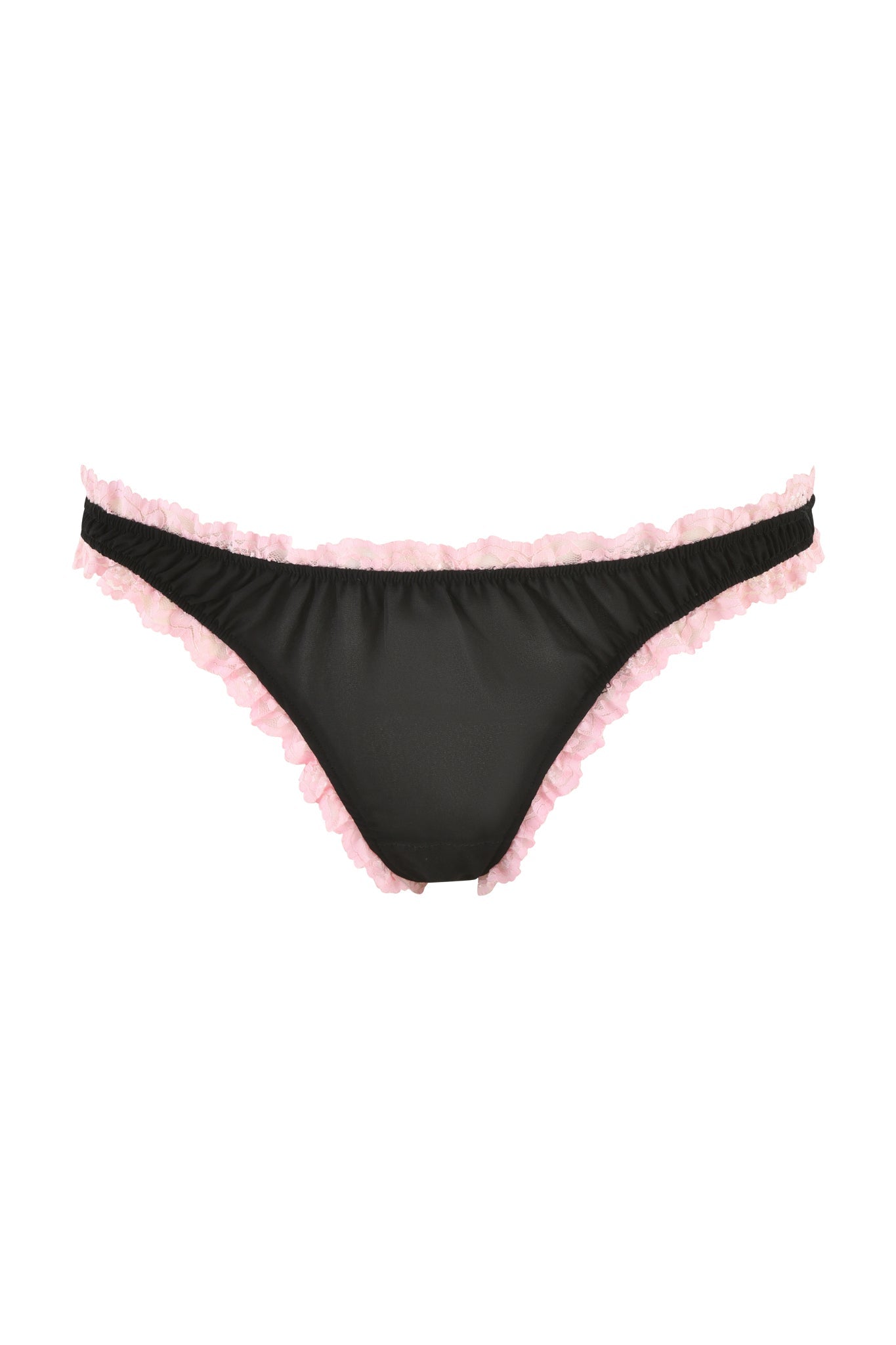 The JUNIPER ROBE THREE-PIECE SET - BLACK from I.AM.GIA features a bikini-style underwear embellished with pink lace frills along the waistband and leg openings. The fabric is smooth and stretchy, with the pink lace providing an elegant accent.