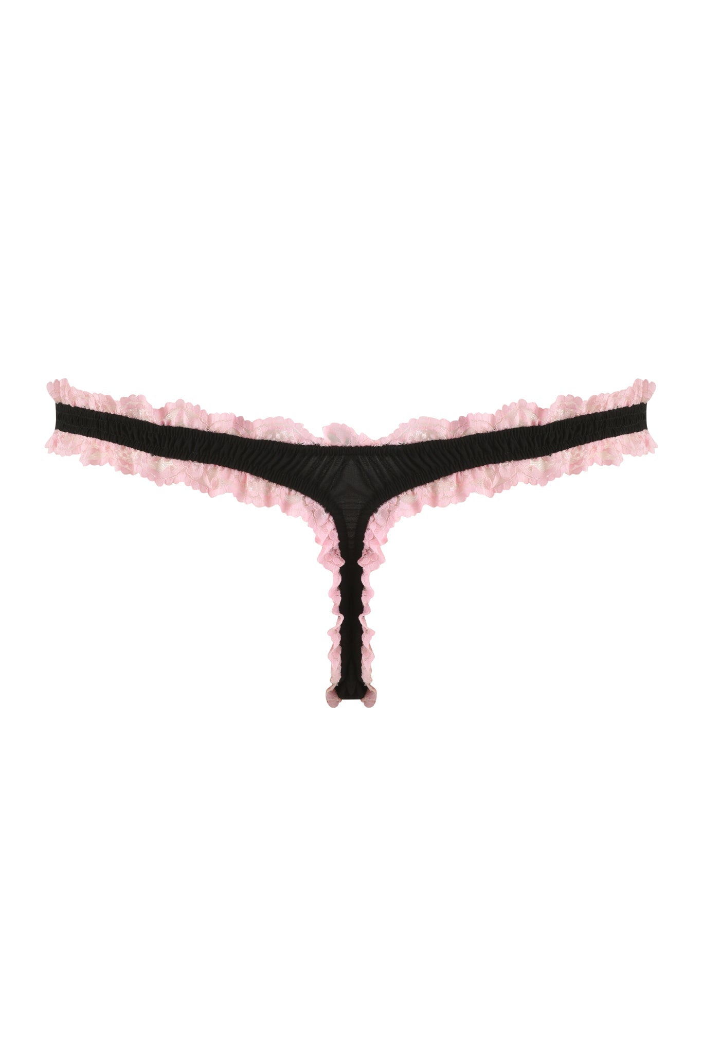 A stylish black thong featuring a pink ruffled trim, included in the captivating JUNIPER ROBE THREE-PIECE SET from I.AM.GIA, showcased against a white background.