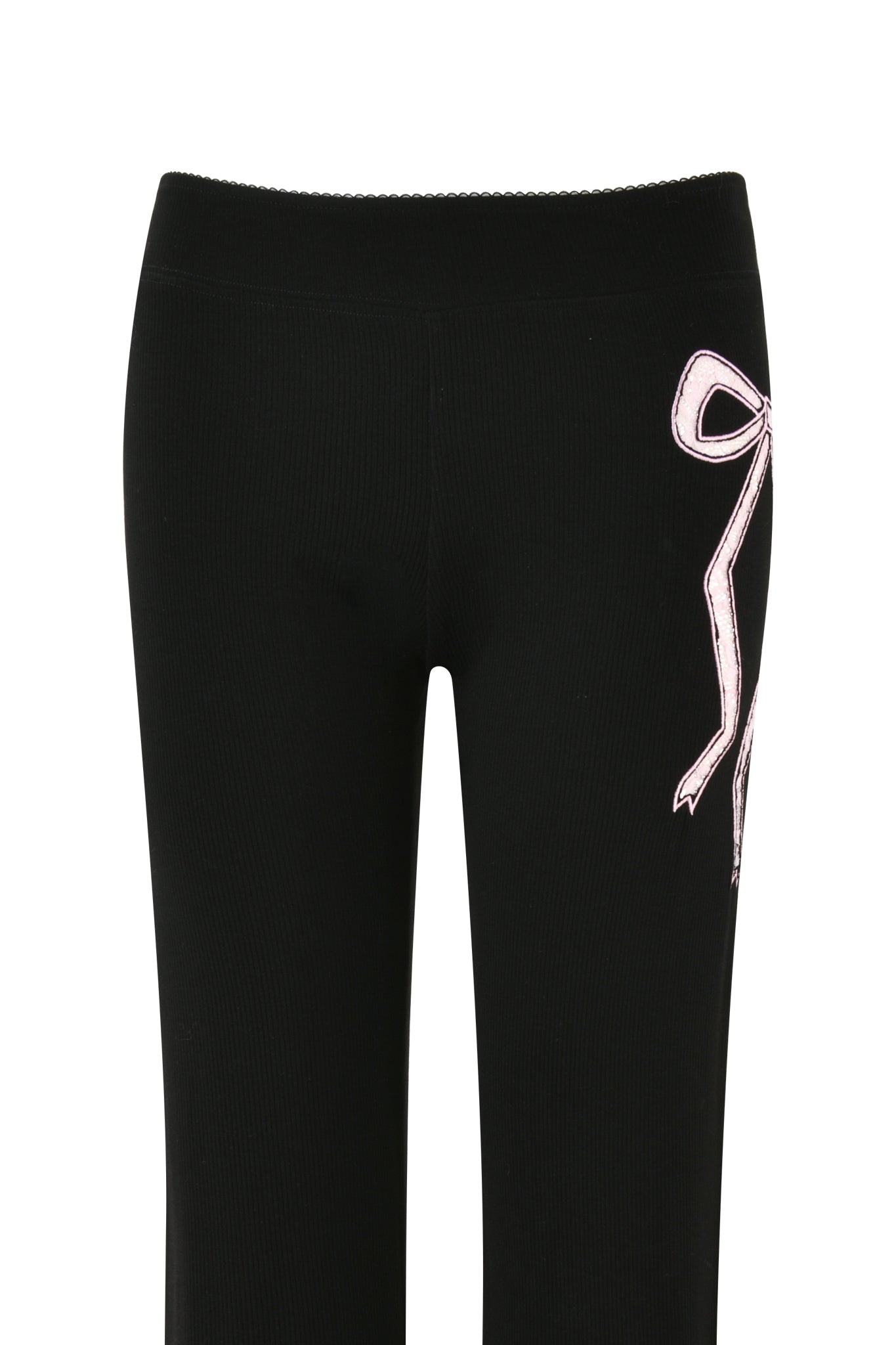 The ASTRID PANT - BLACK by I.AM.GIA features a pink ribbon detail on the side, offering a chic flared leg design that's perfect for stylish sleepwear comfort.
