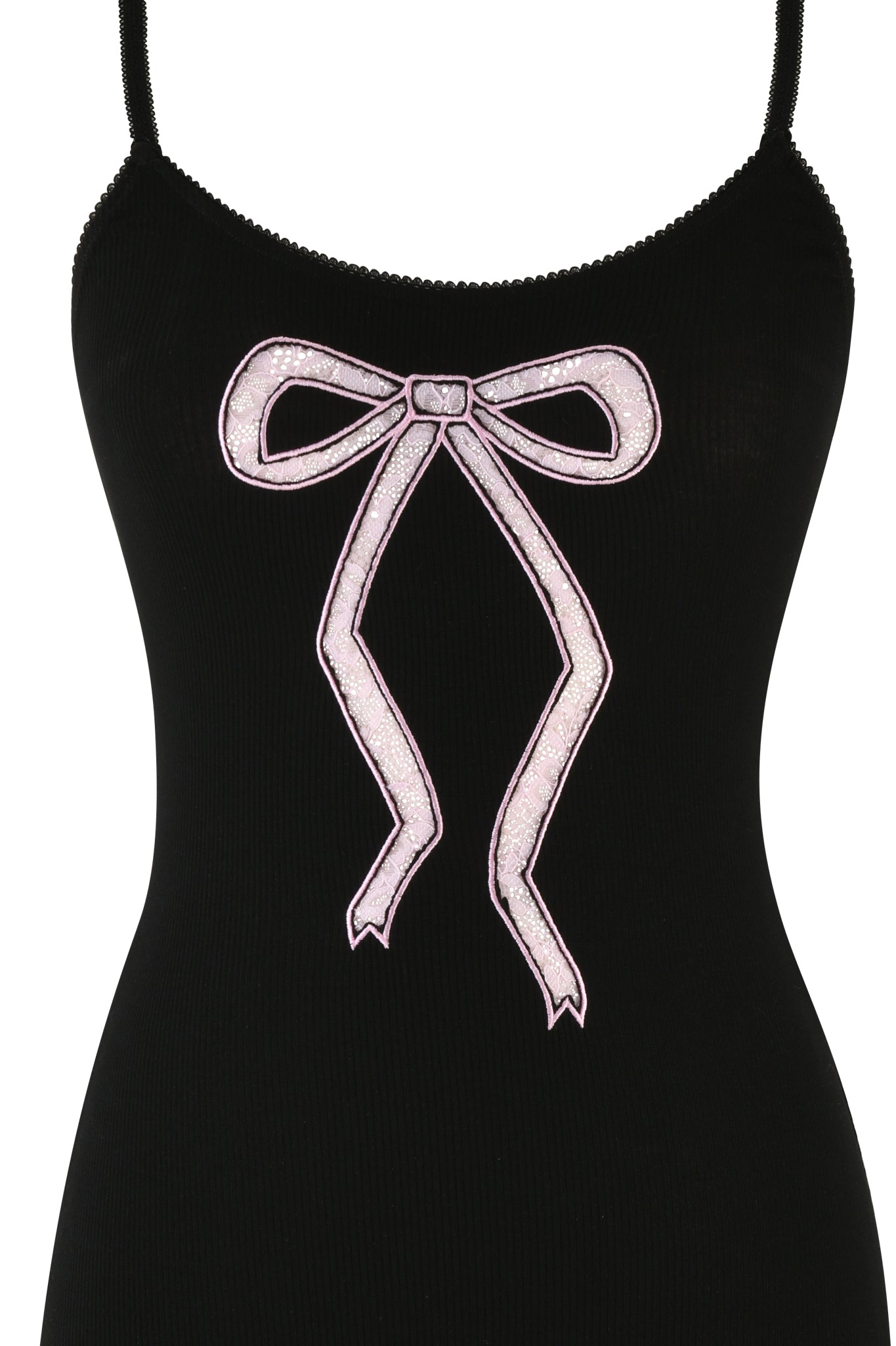 The ASTRID MINI DRESS - BLACK by I.AM.GIA features a bodycon fit with thin straps and is adorned with a decorative pink bow on the front, making it ideal for elegant sleepwear.
