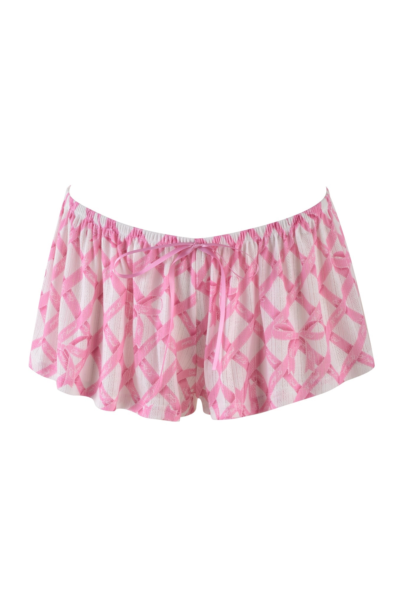 The I.AM.GIA Vivienne Short in pink digital, featuring a hint of "Tie Me Up In Gia," is a checkered sleep short with ruffled edges and an elastic waistband, displayed on a white background.