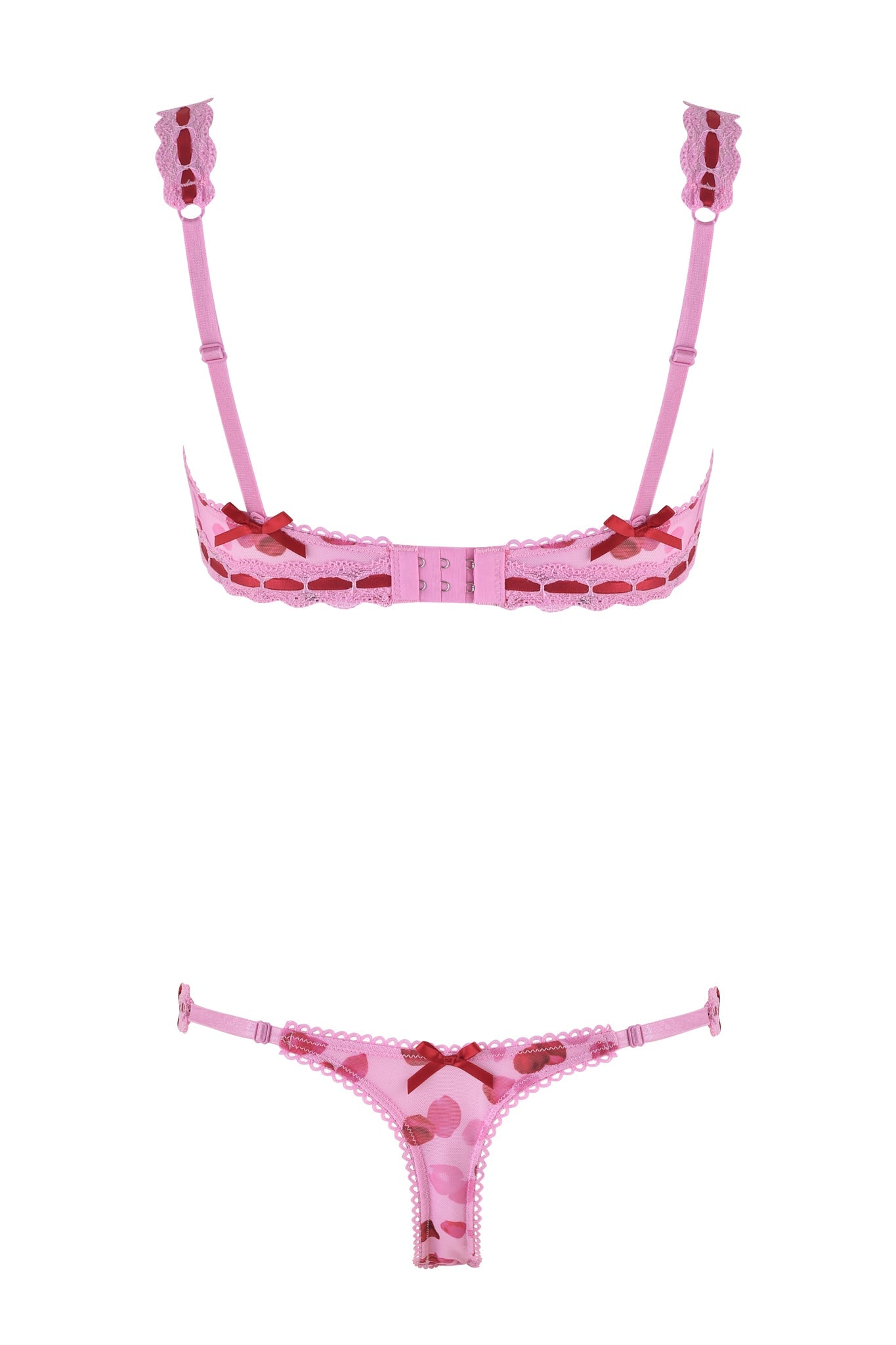 This Valentine's Day look showcases the GABRIELLA 2 PIECE SET - PINK from I.AM.GIA, featuring a pretty petal mesh underwire bra and a thong with red bow accents and lace details.