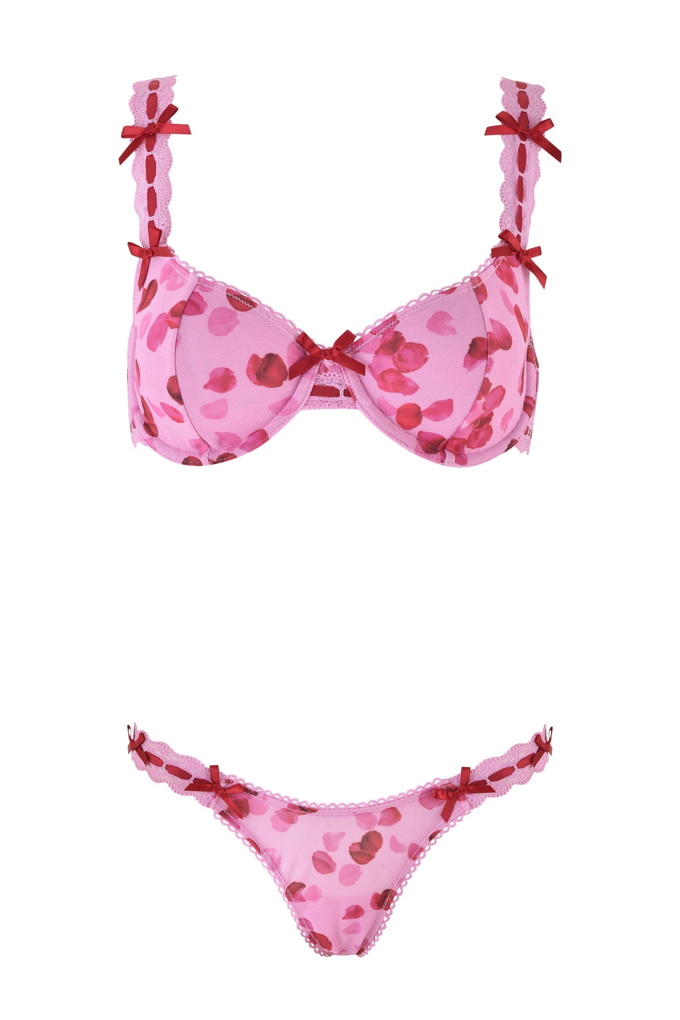 The GABRIELLA 2 PIECE SET - PINK: PRETTY PETAL by I.AM.GIA is a perfect Valentine's Day fit, with its pink lingerie set featuring red floral patterns, lace trim, rose petal mesh underwire bra adorned with red bows on straps and center, and matching panties with vibrant red side bows.
