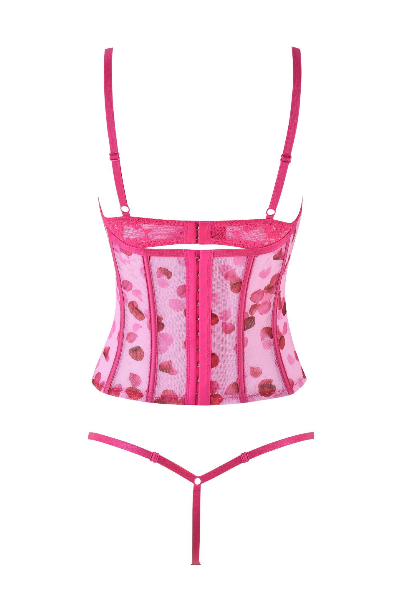 The ROSALIA BUSTIER SET - PINK : PRETTY PETAL by I.AM.GIA features a pink sheer bustier with rose petal print, adjustable straps, and a matching thong. This vintage-inspired corset includes front hook fastenings and structured boning against a white background.